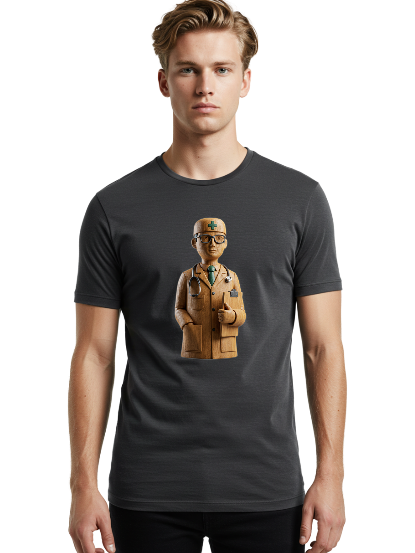 Doctor-Bust Men'S Graphic Tee, 100% Cotton, Comfortable Casual Summer Wear, Machine Washable, Wooden Doctor Figurine, Stethoscope Around Neck, Green Cross On Hat, Medical Professional, Giving A Thumbs Up, Wooden Statue, Doctor Sculpture, Baa466