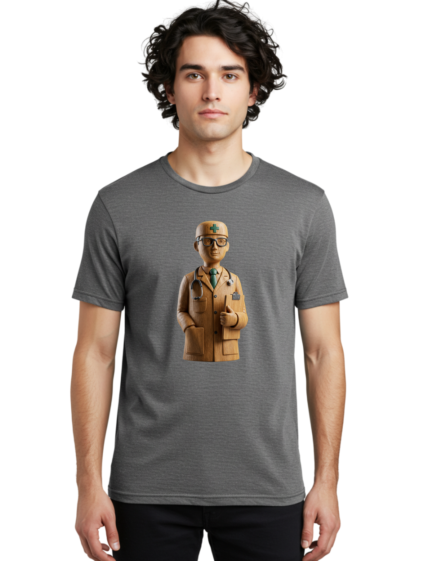 Doctor-Bust Men'S Graphic Tee, 100% Cotton, Comfortable Casual Summer Wear, Machine Washable, Wooden Doctor Figurine, Stethoscope Around Neck, Green Cross On Hat, Medical Professional, Giving A Thumbs Up, Wooden Statue, Doctor Sculpture, Baa466