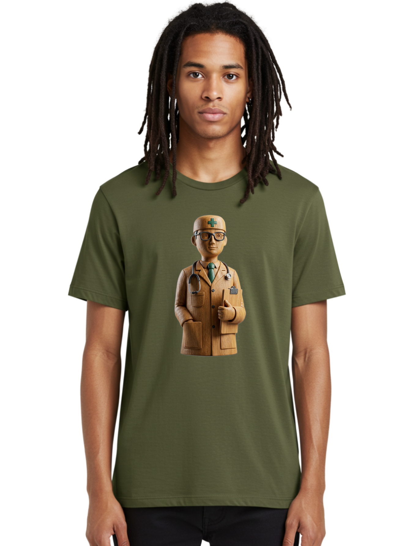 Doctor-Bust Men'S Graphic Tee, 100% Cotton, Comfortable Casual Summer Wear, Machine Washable, Wooden Doctor Figurine, Stethoscope Around Neck, Green Cross On Hat, Medical Professional, Giving A Thumbs Up, Wooden Statue, Doctor Sculpture, Baa466