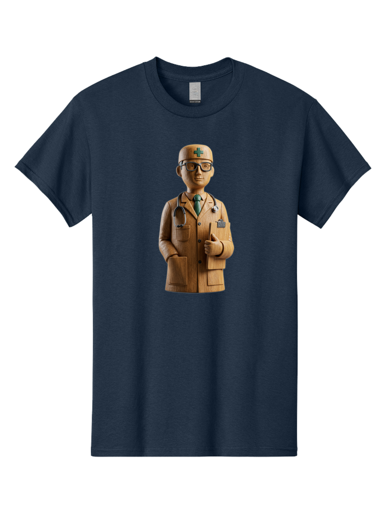 Doctor-Bust Men'S Graphic Tee, 100% Cotton, Comfortable Casual Summer Wear, Machine Washable, Wooden Doctor Figurine, Stethoscope Around Neck, Green Cross On Hat, Medical Professional, Giving A Thumbs Up, Wooden Statue, Doctor Sculpture, Baa466