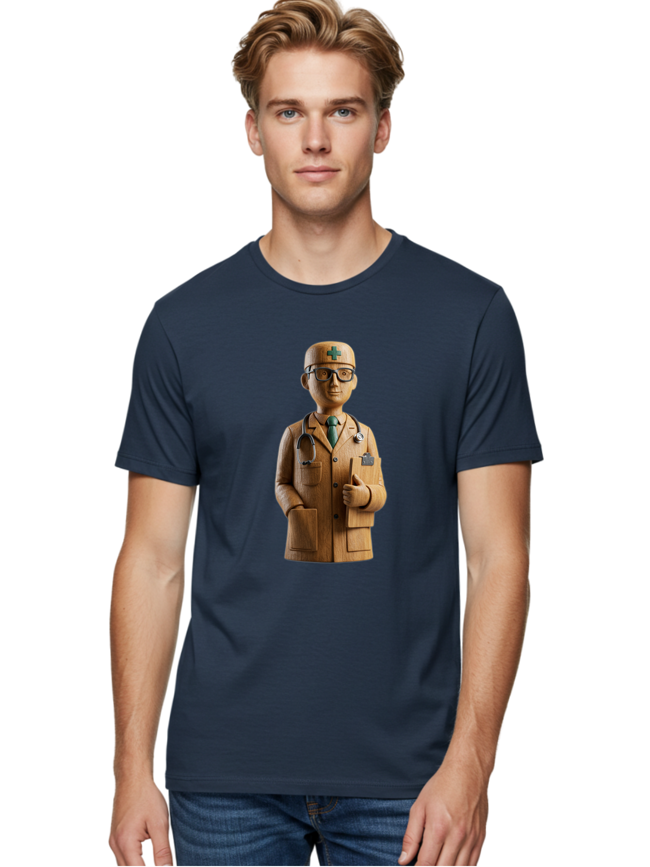 Doctor-Bust Men'S Graphic Tee, 100% Cotton, Comfortable Casual Summer Wear, Machine Washable, Wooden Doctor Figurine, Stethoscope Around Neck, Green Cross On Hat, Medical Professional, Giving A Thumbs Up, Wooden Statue, Doctor Sculpture, Baa466