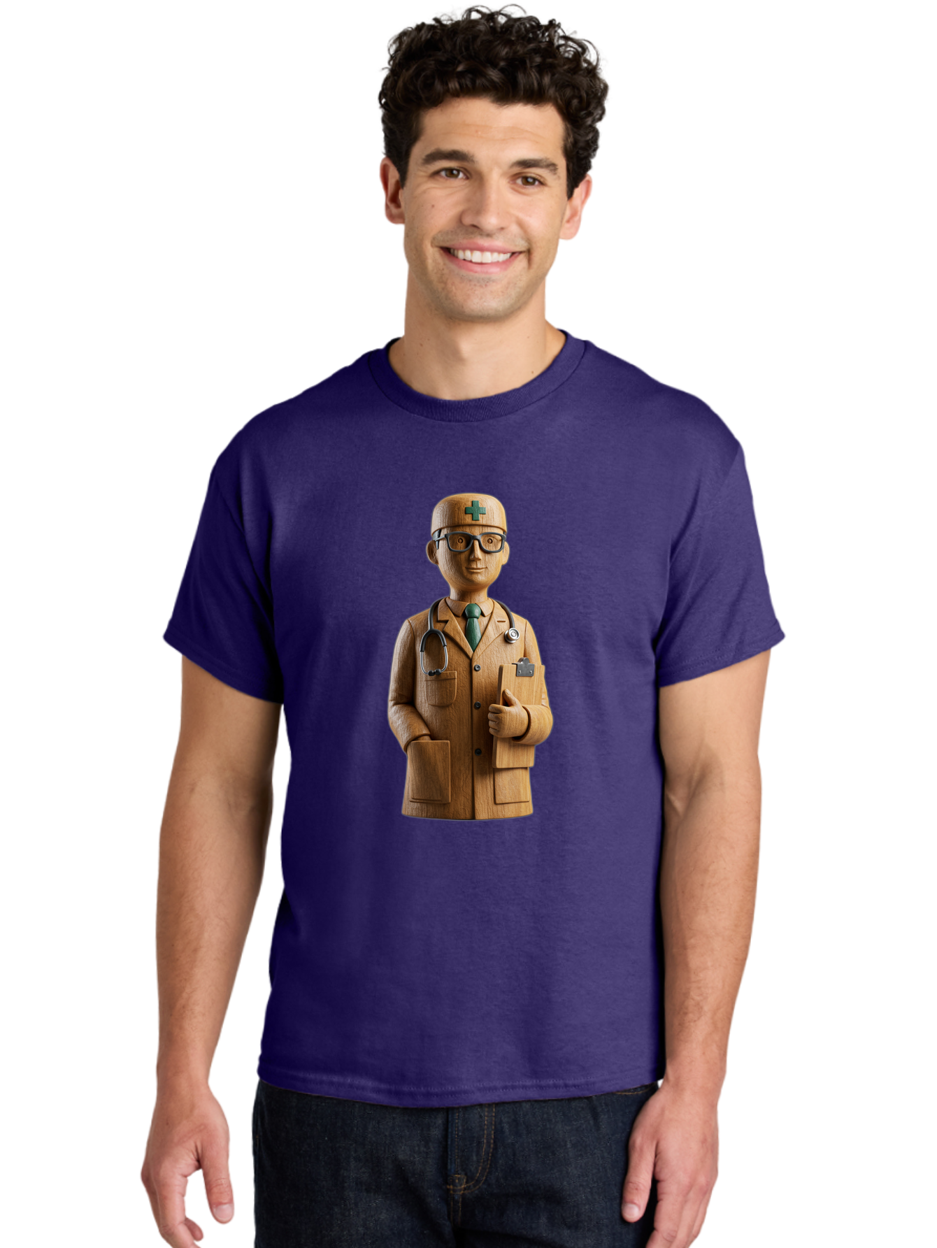 Doctor-Bust Men'S Graphic Tee, 100% Cotton, Comfortable Casual Summer Wear, Machine Washable, Wooden Doctor Figurine, Stethoscope Around Neck, Green Cross On Hat, Medical Professional, Giving A Thumbs Up, Wooden Statue, Doctor Sculpture, Baa466