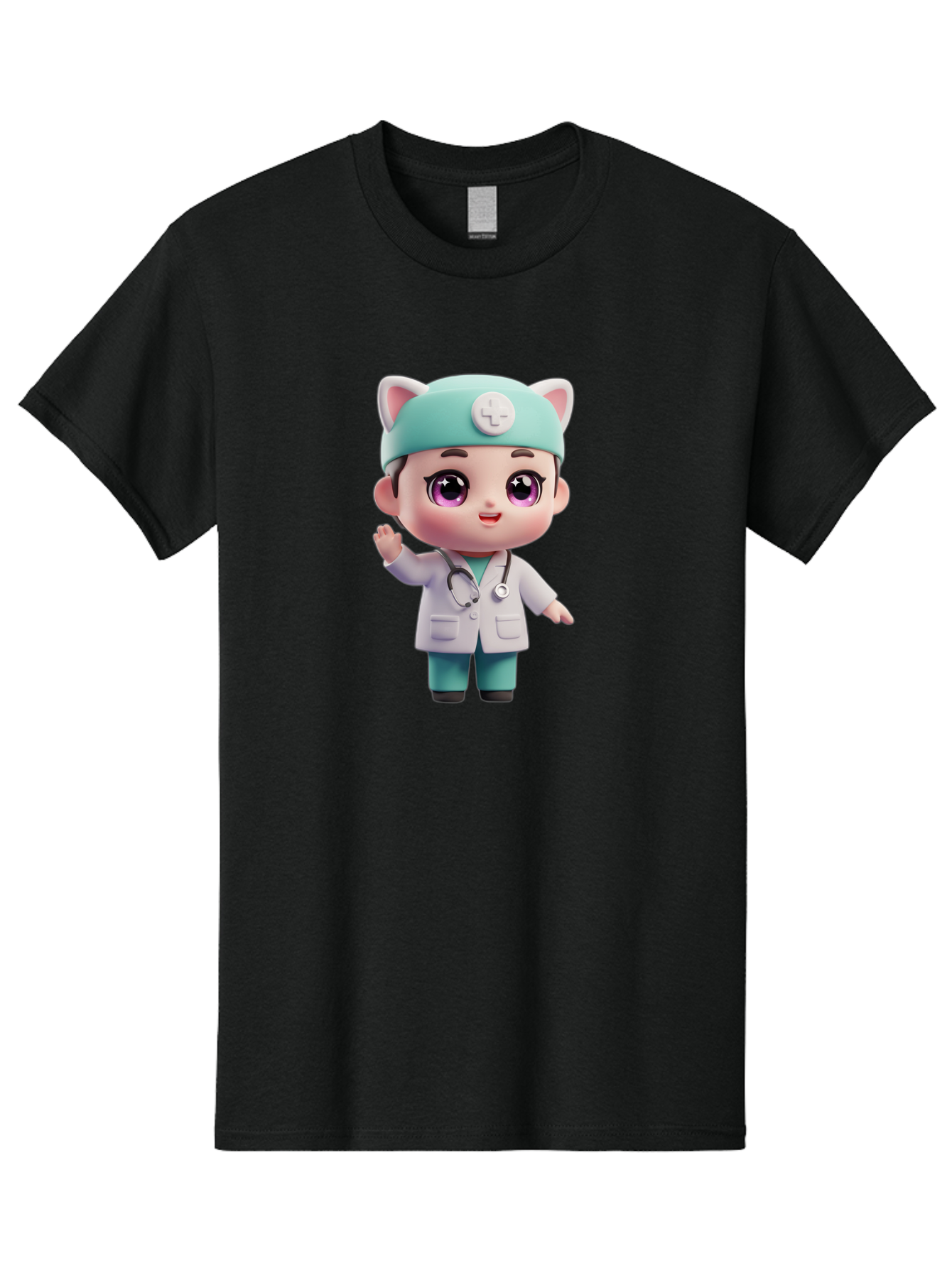 Doctor-Cat-Ears Men'S Graphic Tee, 100% Cotton, Comfortable Casual Summer Wear, Machine Washable, Cartoon Doctor, Kawaii Character, White Lab Coat, Stethoscope, Cute Eyes, Medical Attire, Health Care, Adorable, Welcoming Gesture, Baa467