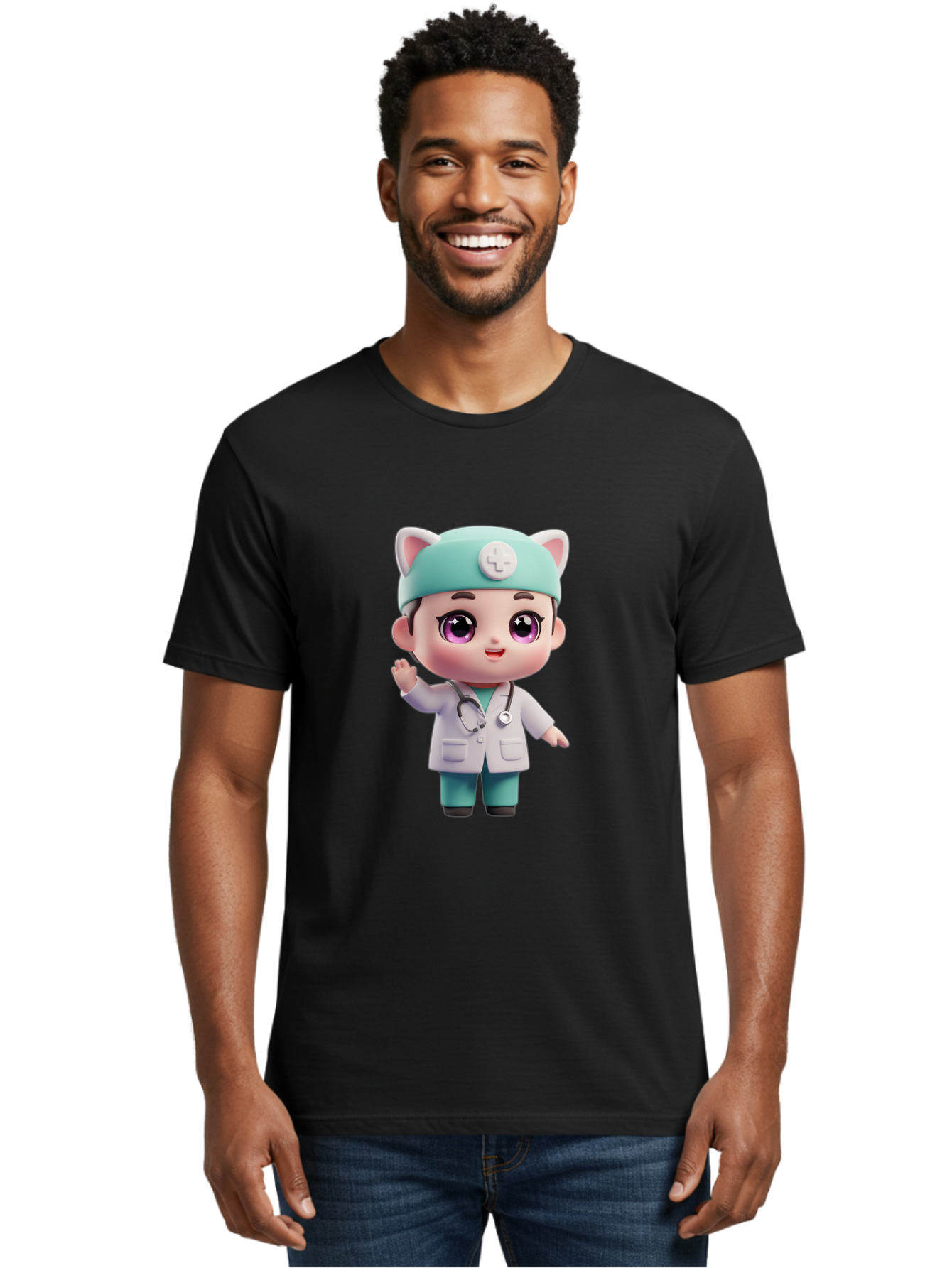 Doctor-Cat-Ears Men'S Graphic Tee, 100% Cotton, Comfortable Casual Summer Wear, Machine Washable, Cartoon Doctor, Kawaii Character, White Lab Coat, Stethoscope, Cute Eyes, Medical Attire, Health Care, Adorable, Welcoming Gesture, Baa467