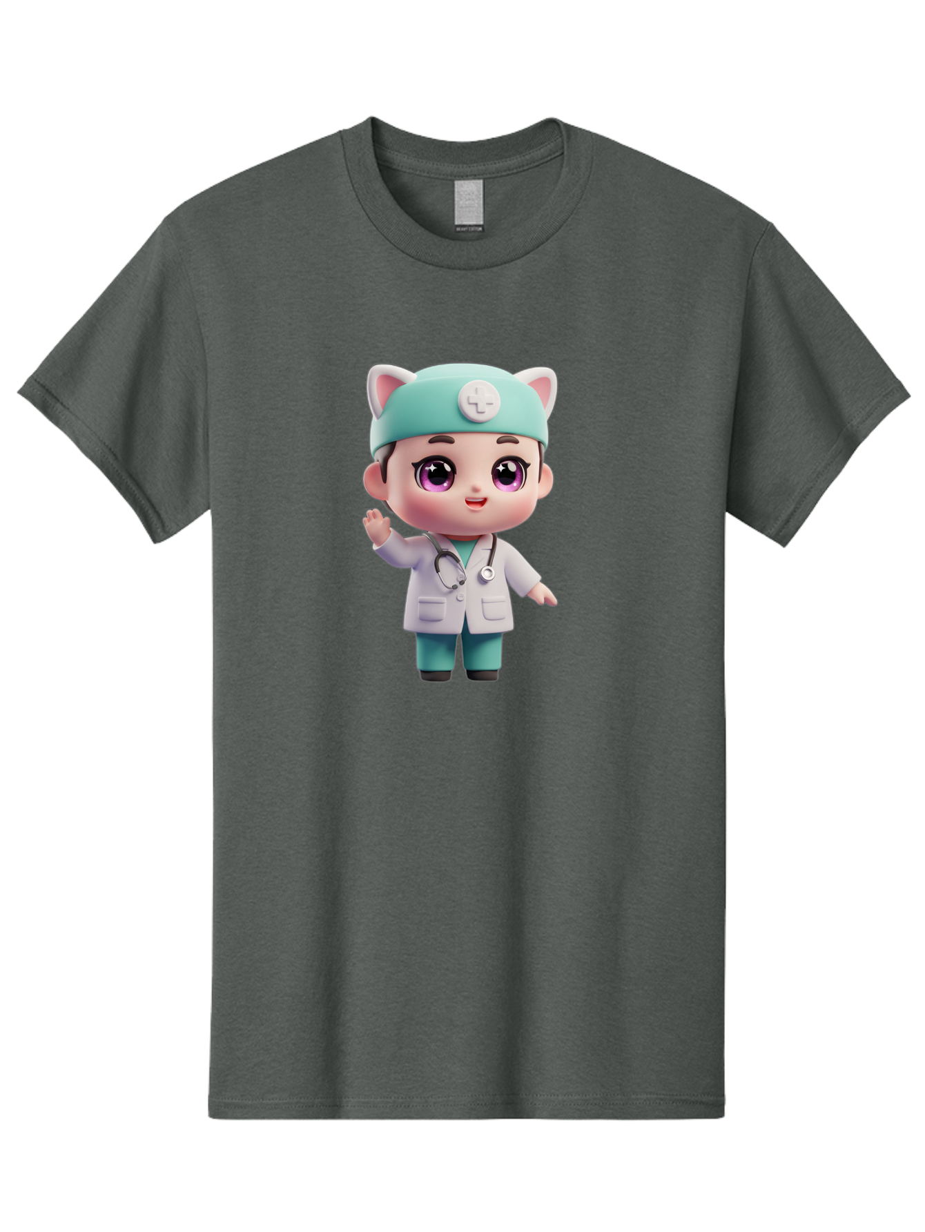 Doctor-Cat-Ears Men'S Graphic Tee, 100% Cotton, Comfortable Casual Summer Wear, Machine Washable, Cartoon Doctor, Kawaii Character, White Lab Coat, Stethoscope, Cute Eyes, Medical Attire, Health Care, Adorable, Welcoming Gesture, Baa467