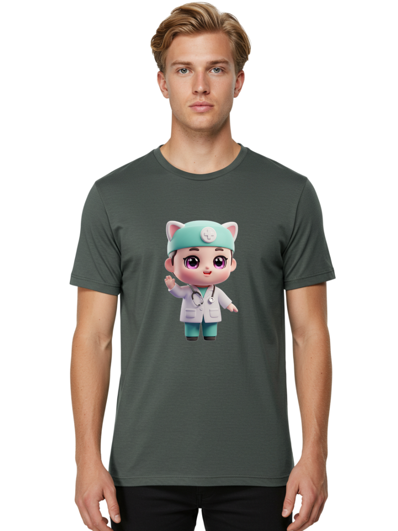Doctor-Cat-Ears Men'S Graphic Tee, 100% Cotton, Comfortable Casual Summer Wear, Machine Washable, Cartoon Doctor, Kawaii Character, White Lab Coat, Stethoscope, Cute Eyes, Medical Attire, Health Care, Adorable, Welcoming Gesture, Baa467