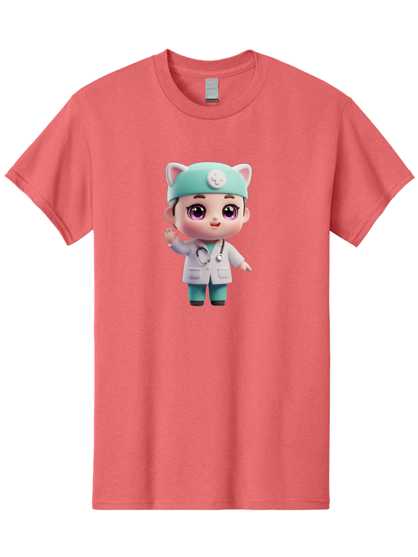 Doctor-Cat-Ears Men'S Graphic Tee, 100% Cotton, Comfortable Casual Summer Wear, Machine Washable, Cartoon Doctor, Kawaii Character, White Lab Coat, Stethoscope, Cute Eyes, Medical Attire, Health Care, Adorable, Welcoming Gesture, Baa467
