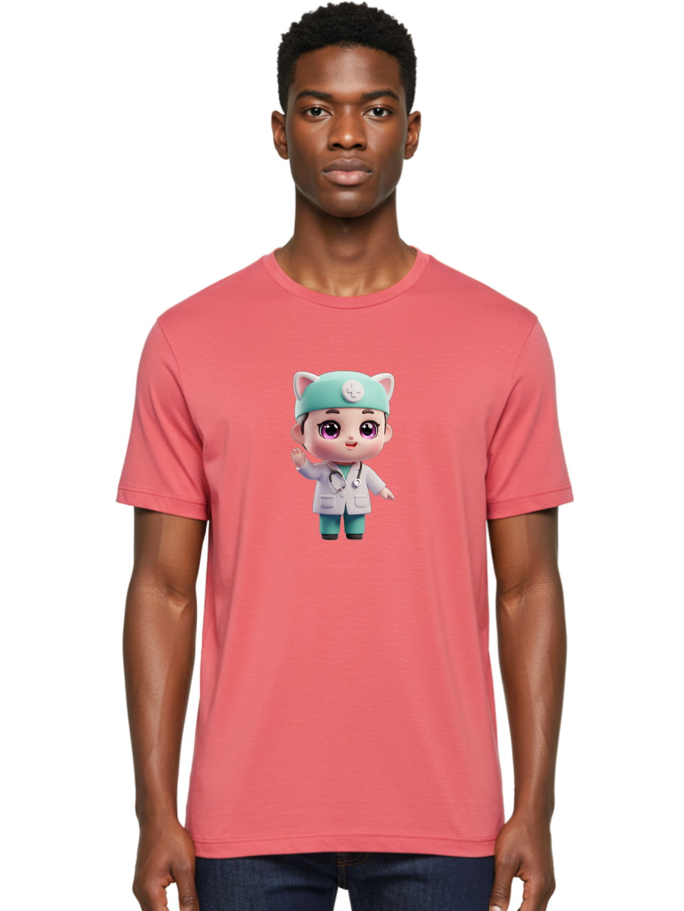 Doctor-Cat-Ears Men'S Graphic Tee, 100% Cotton, Comfortable Casual Summer Wear, Machine Washable, Cartoon Doctor, Kawaii Character, White Lab Coat, Stethoscope, Cute Eyes, Medical Attire, Health Care, Adorable, Welcoming Gesture, Baa467