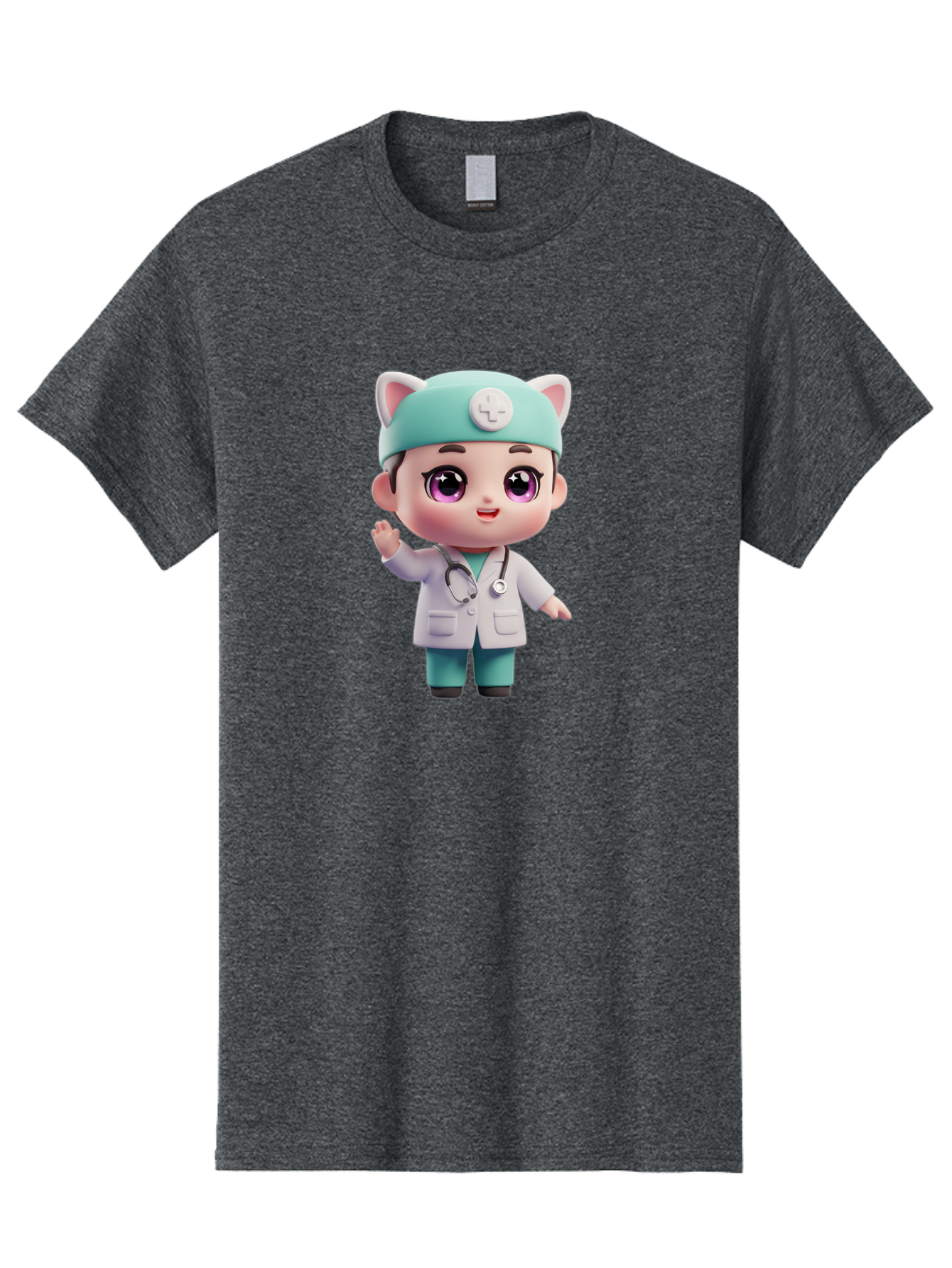 Doctor-Cat-Ears Men'S Graphic Tee, 100% Cotton, Comfortable Casual Summer Wear, Machine Washable, Cartoon Doctor, Kawaii Character, White Lab Coat, Stethoscope, Cute Eyes, Medical Attire, Health Care, Adorable, Welcoming Gesture, Baa467
