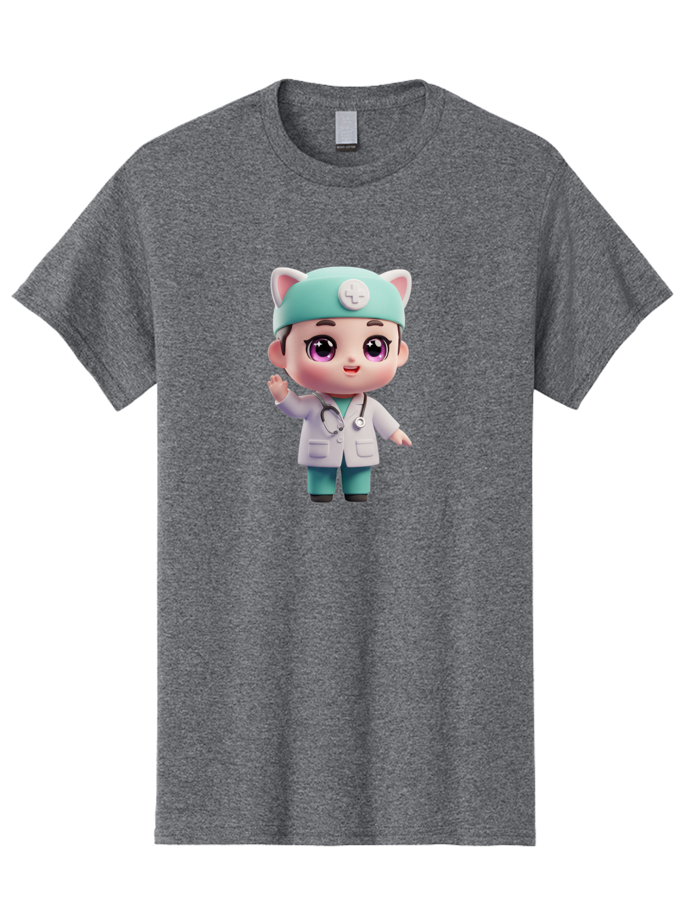 Doctor-Cat-Ears Men'S Graphic Tee, 100% Cotton, Comfortable Casual Summer Wear, Machine Washable, Cartoon Doctor, Kawaii Character, White Lab Coat, Stethoscope, Cute Eyes, Medical Attire, Health Care, Adorable, Welcoming Gesture, Baa467