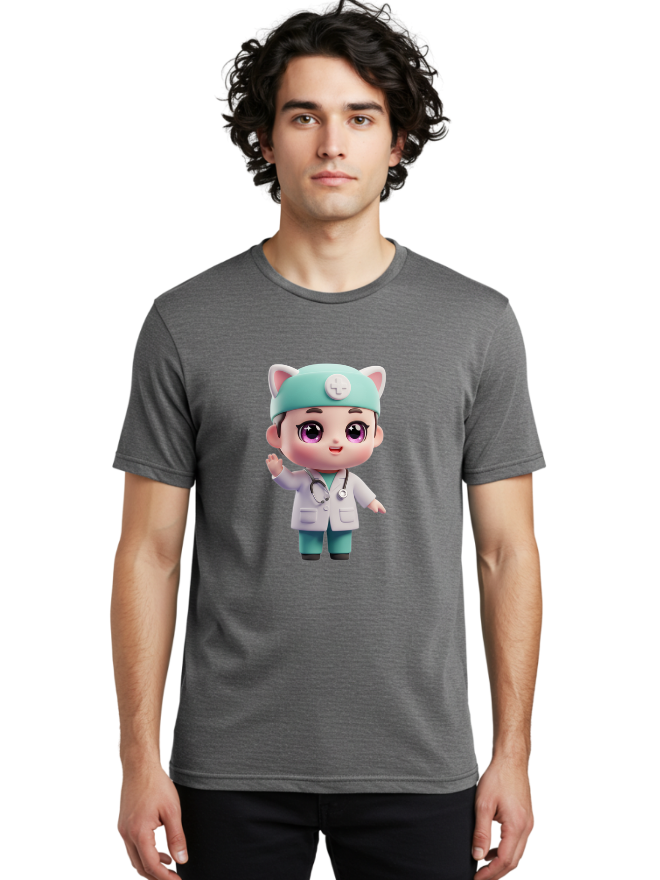 Doctor-Cat-Ears Men'S Graphic Tee, 100% Cotton, Comfortable Casual Summer Wear, Machine Washable, Cartoon Doctor, Kawaii Character, White Lab Coat, Stethoscope, Cute Eyes, Medical Attire, Health Care, Adorable, Welcoming Gesture, Baa467