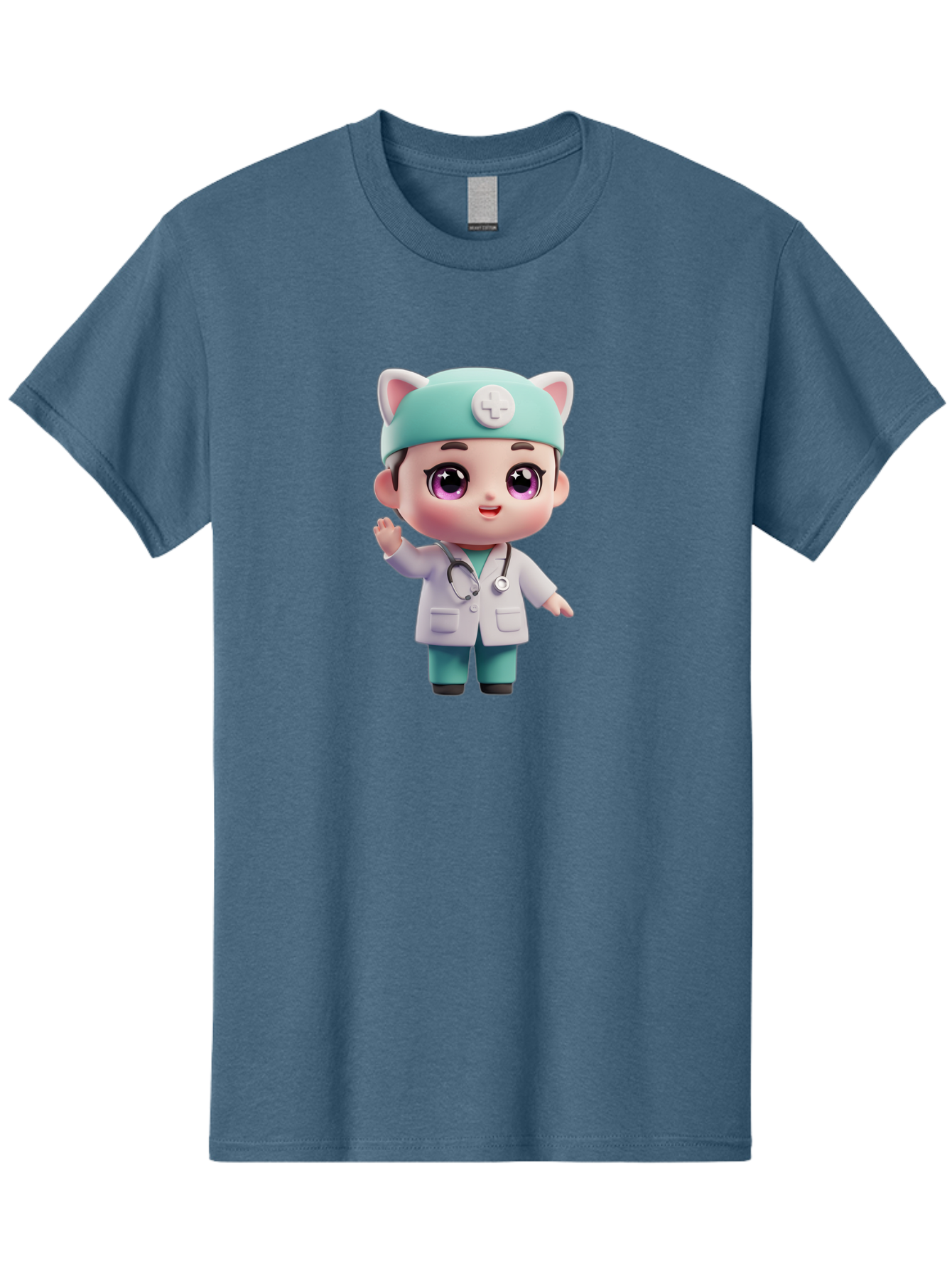 Doctor-Cat-Ears Men'S Graphic Tee, 100% Cotton, Comfortable Casual Summer Wear, Machine Washable, Cartoon Doctor, Kawaii Character, White Lab Coat, Stethoscope, Cute Eyes, Medical Attire, Health Care, Adorable, Welcoming Gesture, Baa467