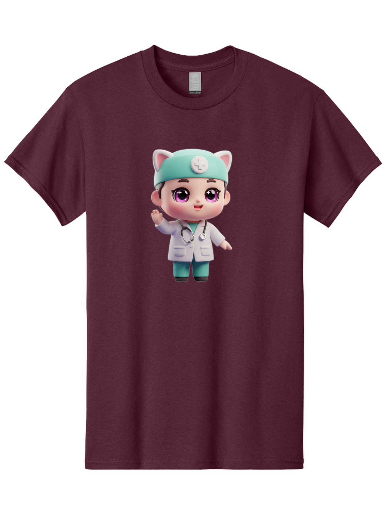 Doctor-Cat-Ears Men'S Graphic Tee, 100% Cotton, Comfortable Casual Summer Wear, Machine Washable, Cartoon Doctor, Kawaii Character, White Lab Coat, Stethoscope, Cute Eyes, Medical Attire, Health Care, Adorable, Welcoming Gesture, Baa467