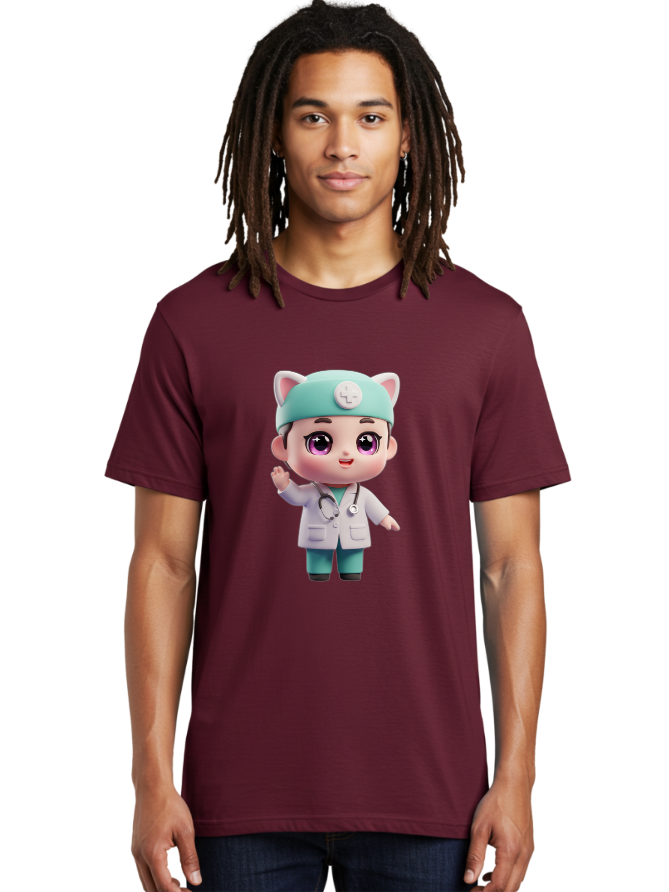 Doctor-Cat-Ears Men'S Graphic Tee, 100% Cotton, Comfortable Casual Summer Wear, Machine Washable, Cartoon Doctor, Kawaii Character, White Lab Coat, Stethoscope, Cute Eyes, Medical Attire, Health Care, Adorable, Welcoming Gesture, Baa467