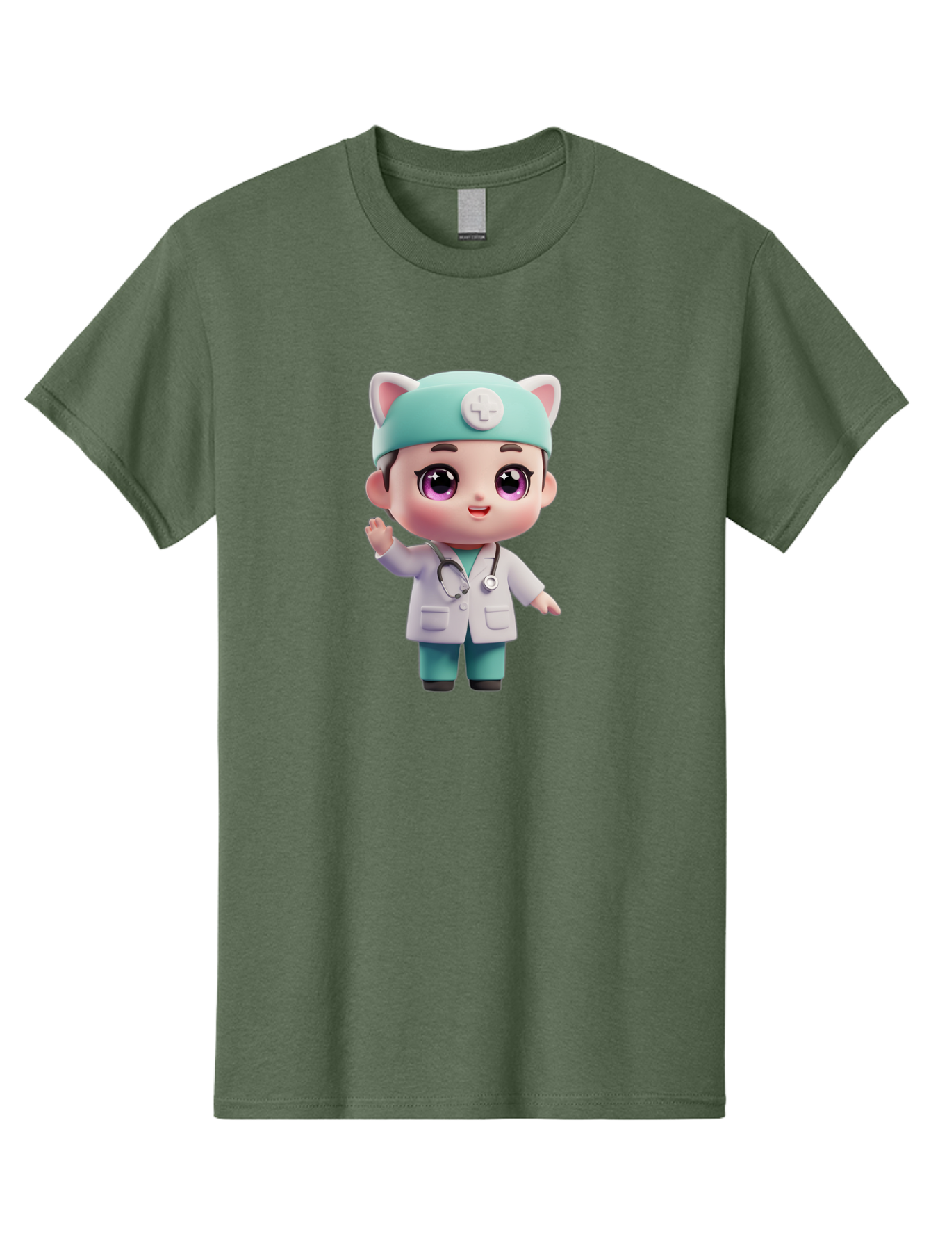 Doctor-Cat-Ears Men'S Graphic Tee, 100% Cotton, Comfortable Casual Summer Wear, Machine Washable, Cartoon Doctor, Kawaii Character, White Lab Coat, Stethoscope, Cute Eyes, Medical Attire, Health Care, Adorable, Welcoming Gesture, Baa467