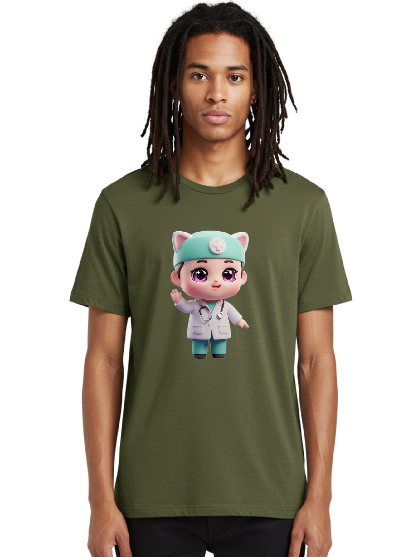 Doctor-Cat-Ears Men'S Graphic Tee, 100% Cotton, Comfortable Casual Summer Wear, Machine Washable, Cartoon Doctor, Kawaii Character, White Lab Coat, Stethoscope, Cute Eyes, Medical Attire, Health Care, Adorable, Welcoming Gesture, Baa467