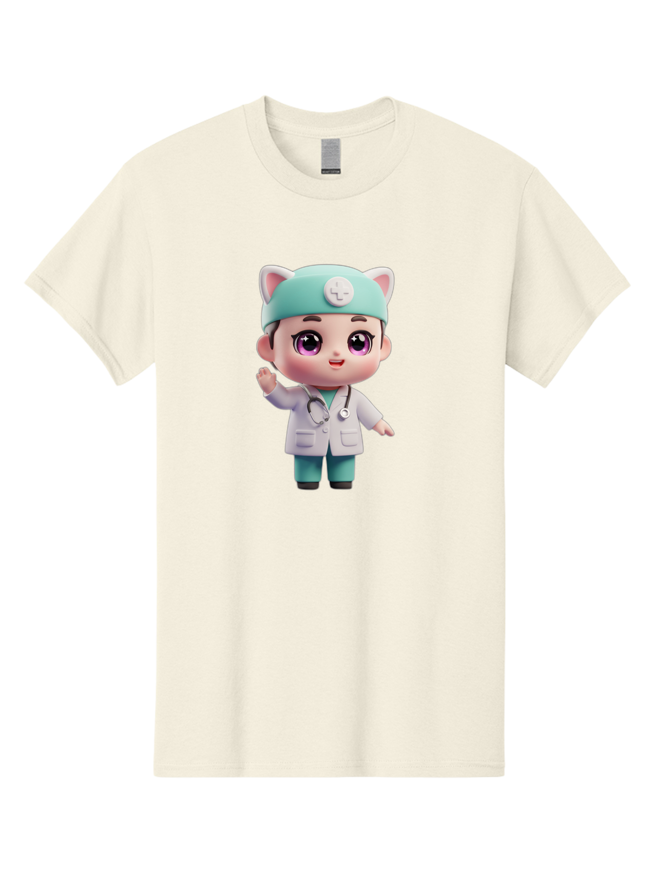 Doctor-Cat-Ears Men'S Graphic Tee, 100% Cotton, Comfortable Casual Summer Wear, Machine Washable, Cartoon Doctor, Kawaii Character, White Lab Coat, Stethoscope, Cute Eyes, Medical Attire, Health Care, Adorable, Welcoming Gesture, Baa467