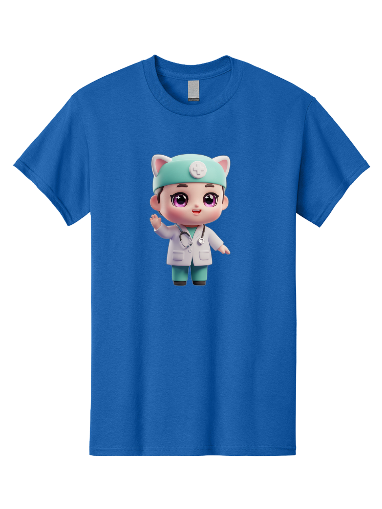 Doctor-Cat-Ears Men'S Graphic Tee, 100% Cotton, Comfortable Casual Summer Wear, Machine Washable, Cartoon Doctor, Kawaii Character, White Lab Coat, Stethoscope, Cute Eyes, Medical Attire, Health Care, Adorable, Welcoming Gesture, Baa467