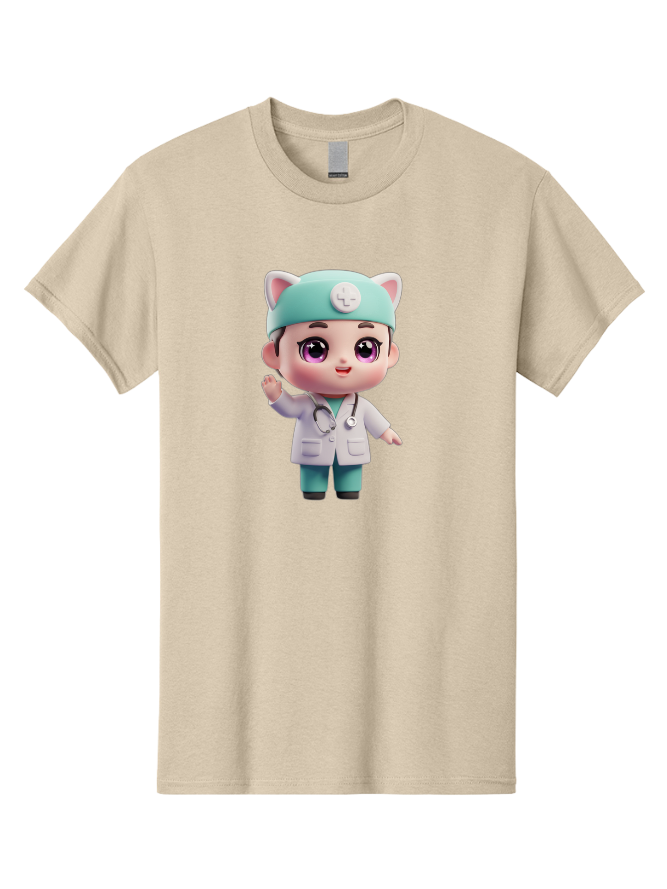Doctor-Cat-Ears Men'S Graphic Tee, 100% Cotton, Comfortable Casual Summer Wear, Machine Washable, Cartoon Doctor, Kawaii Character, White Lab Coat, Stethoscope, Cute Eyes, Medical Attire, Health Care, Adorable, Welcoming Gesture, Baa467