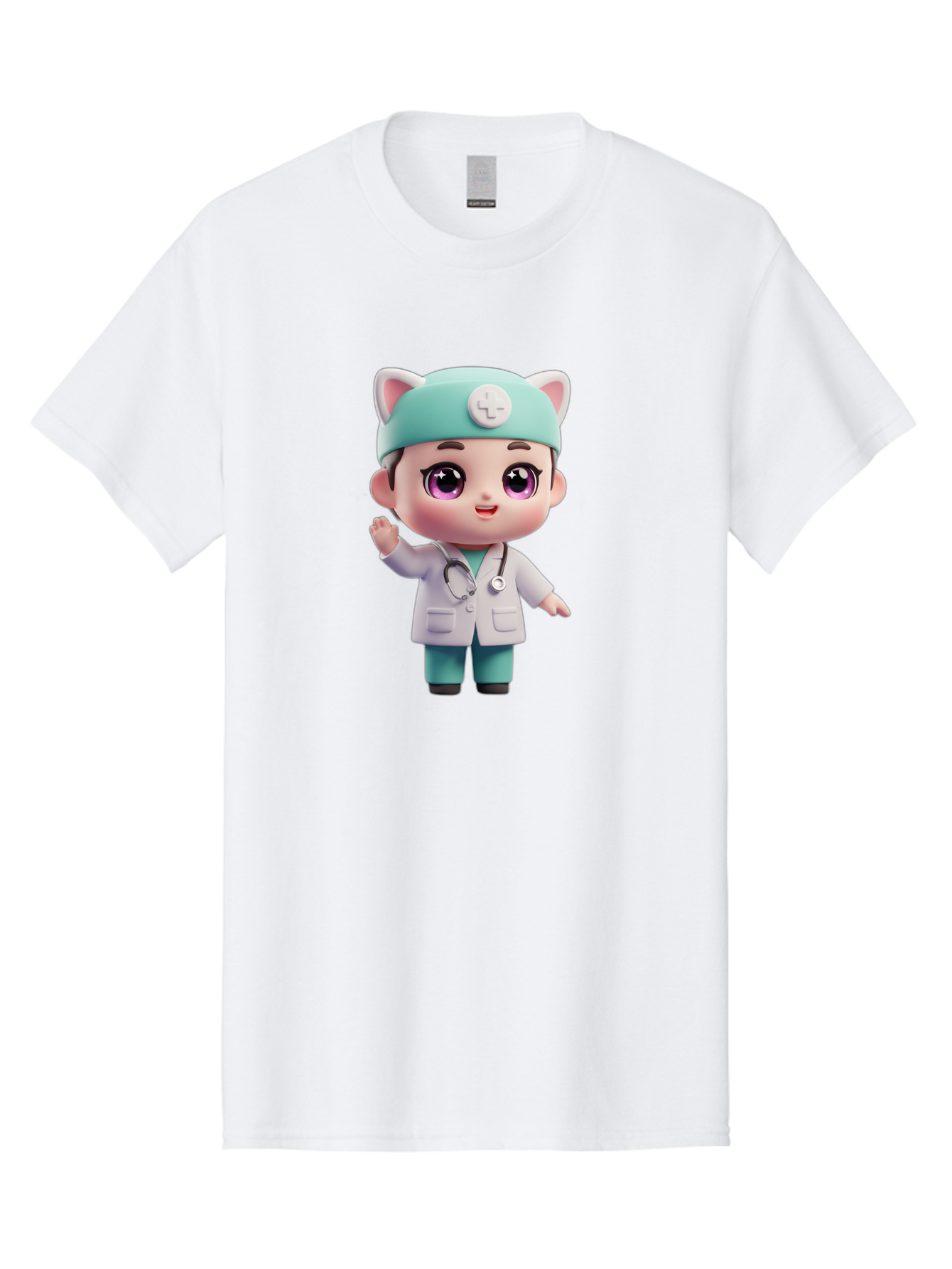 Doctor-Cat-Ears Men'S Graphic Tee, 100% Cotton, Comfortable Casual Summer Wear, Machine Washable, Cartoon Doctor, Kawaii Character, White Lab Coat, Stethoscope, Cute Eyes, Medical Attire, Health Care, Adorable, Welcoming Gesture, Baa467