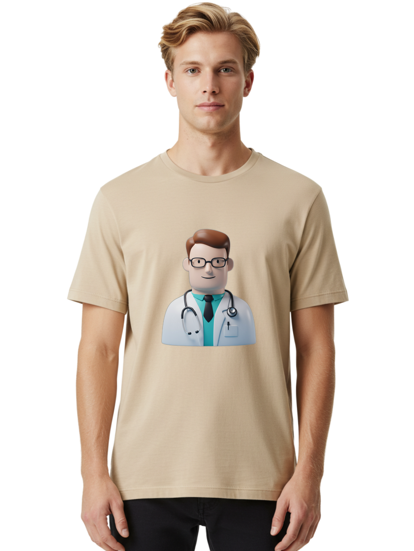 Doctor-Character-1 Men'S Graphic Tee, 100% Cotton, Comfortable Casual Summer Wear, Machine Washable, Male Doctor, White Lab Coat, Stethoscope, Black Tie, Blue Shirt, Friendly Smile, Medical Professional, Healthcare Provider, Doctor Character, Baa468