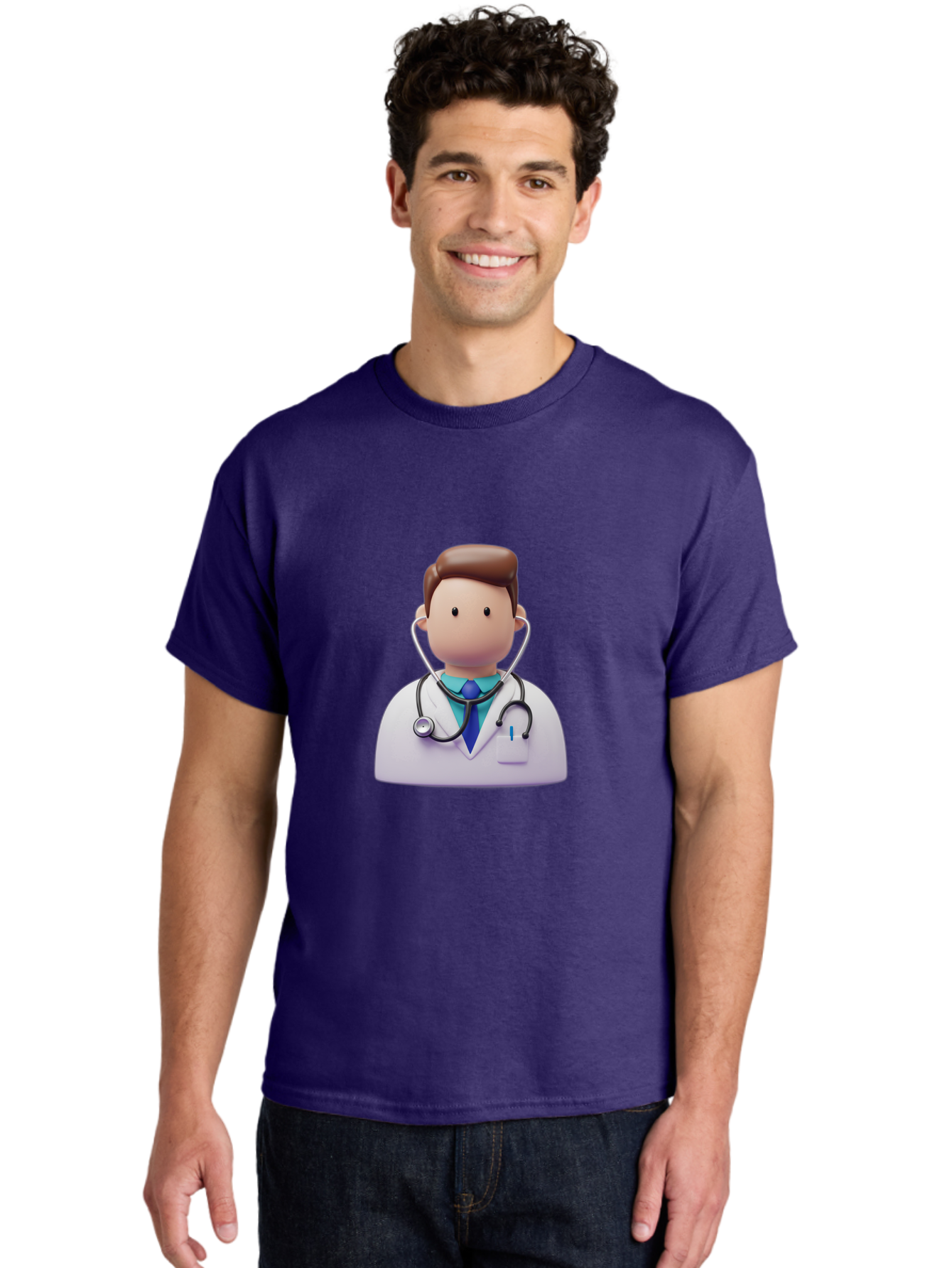 Doctor-Character-2 Men'S Graphic Tee, 100% Cotton, Comfortable Casual Summer Wear, Machine Washable, Cartoon Doctor, Medical Professional, Stethoscope, White Coat, Blue Tie, Health Care, Medical Illustration, 3D Character, Healthcare Worker, Baa469