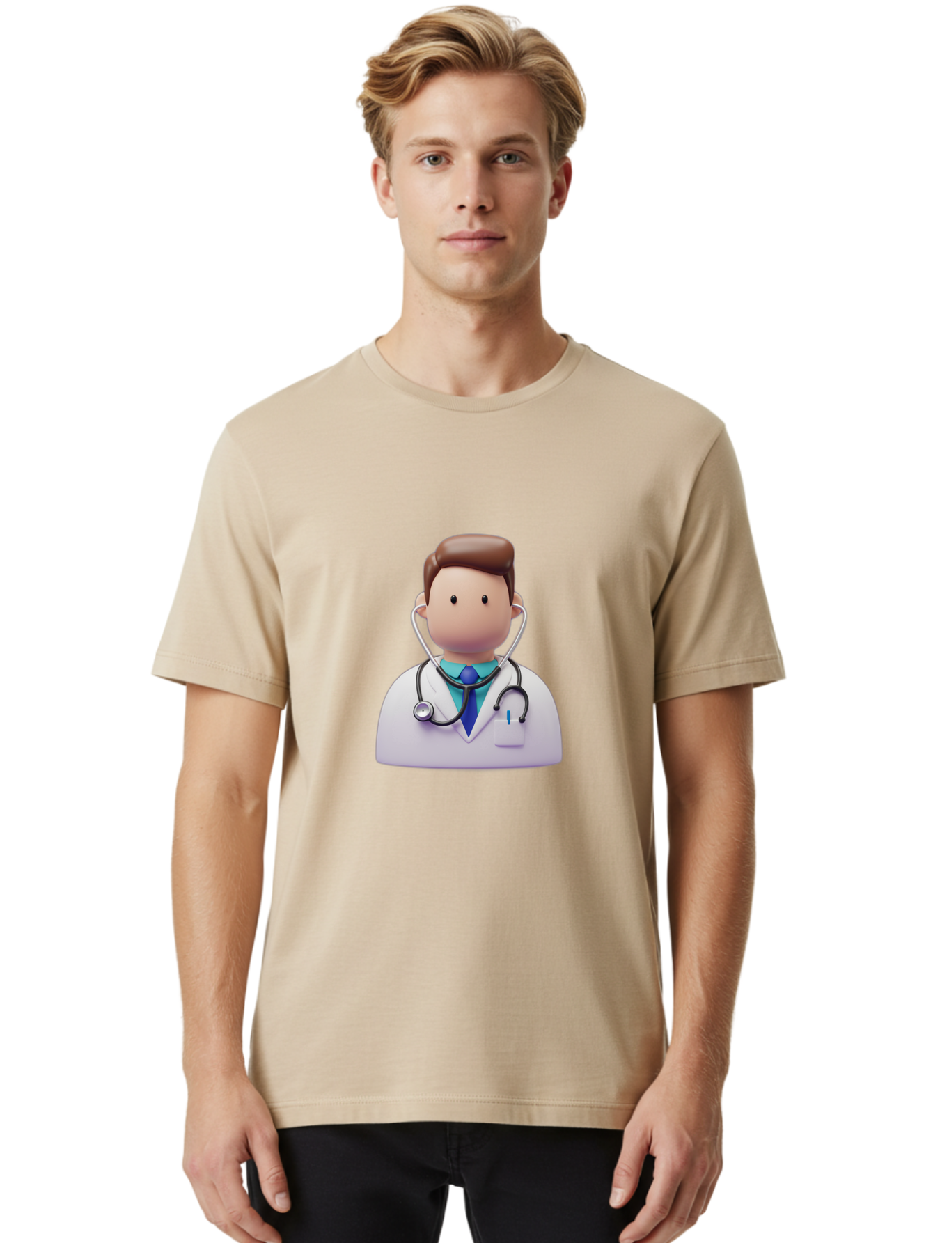 Doctor-Character-2 Men'S Graphic Tee, 100% Cotton, Comfortable Casual Summer Wear, Machine Washable, Cartoon Doctor, Medical Professional, Stethoscope, White Coat, Blue Tie, Health Care, Medical Illustration, 3D Character, Healthcare Worker, Baa469