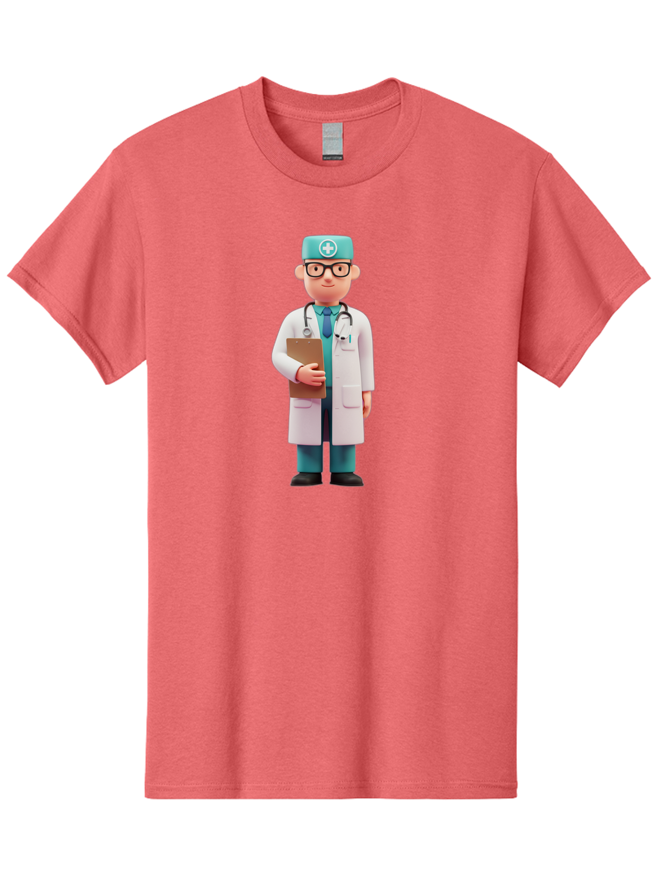 Doctor-Character-4 Men'S Graphic Tee, 100% Cotton, Comfortable Casual Summer Wear, Machine Washable, Cartoon Doctor, Medical Professional, White Coat, Stethoscope, Clipboard, Healthcare Worker, Medical Illustration, 3D Character, Baa471