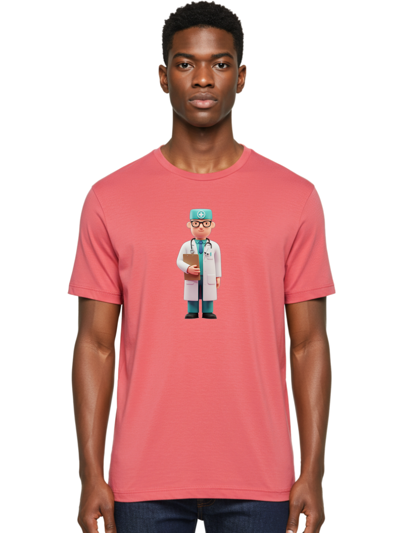 Doctor-Character-4 Men'S Graphic Tee, 100% Cotton, Comfortable Casual Summer Wear, Machine Washable, Cartoon Doctor, Medical Professional, White Coat, Stethoscope, Clipboard, Healthcare Worker, Medical Illustration, 3D Character, Baa471