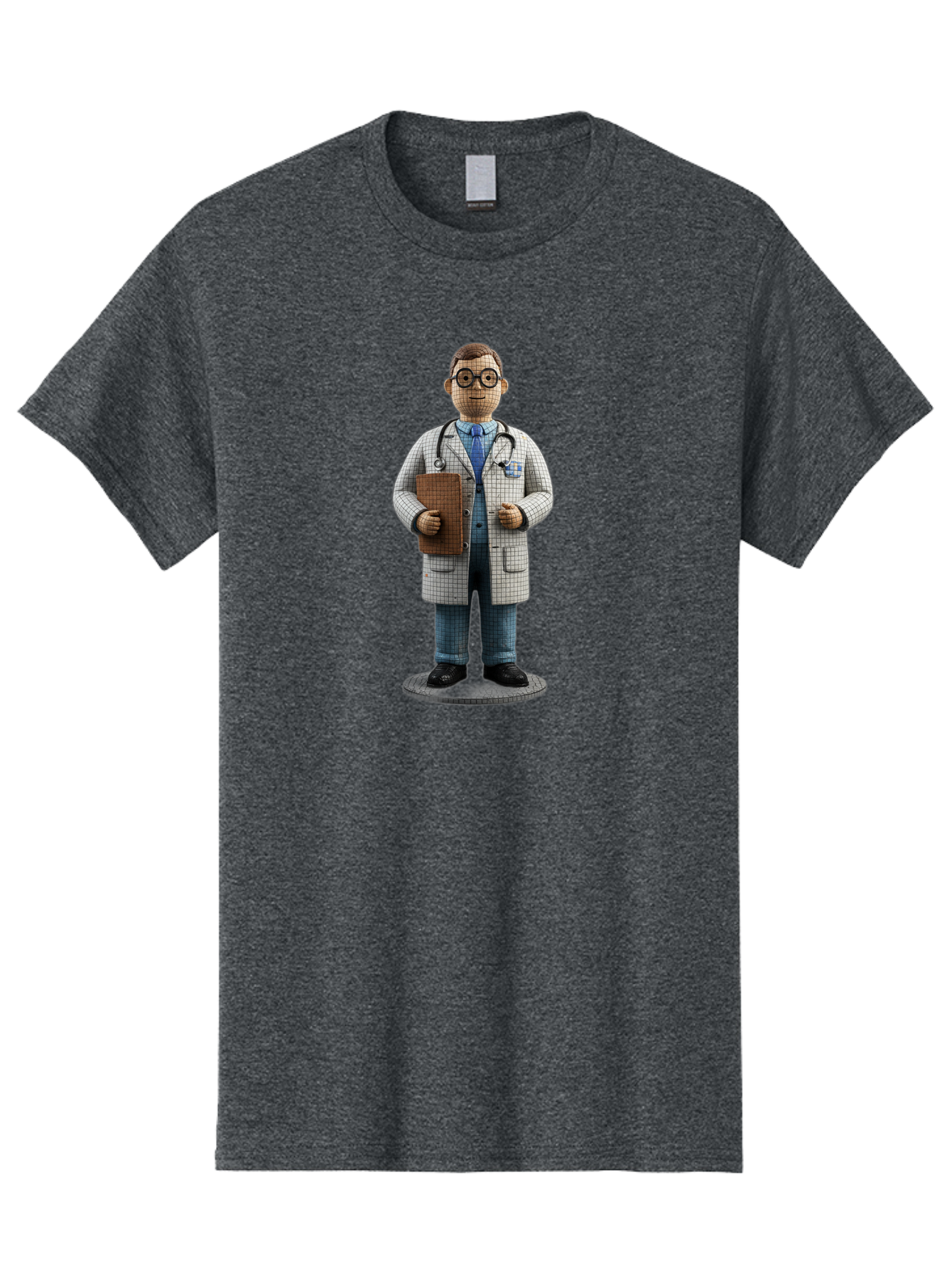 Doctor-Figurine Men'S Graphic Tee, 100% Cotton, Comfortable Casual Summer Wear, Machine Washable, Doctor Figurine, Male Physician, Medical Professional, Stethoscope Around Neck, Clipboard In Hand, White Checkered Lab Coat, Blue Shirt, Jeans, Baa473