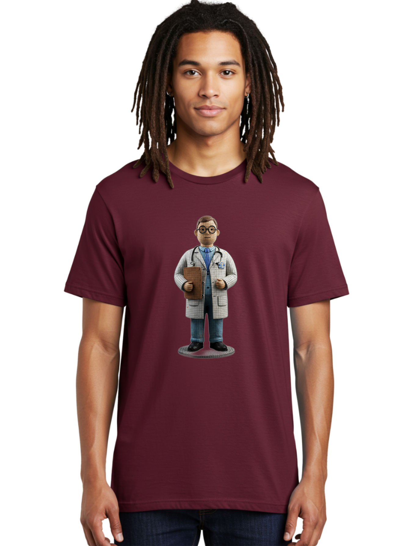 Doctor-Figurine Men'S Graphic Tee, 100% Cotton, Comfortable Casual Summer Wear, Machine Washable, Doctor Figurine, Male Physician, Medical Professional, Stethoscope Around Neck, Clipboard In Hand, White Checkered Lab Coat, Blue Shirt, Jeans, Baa473