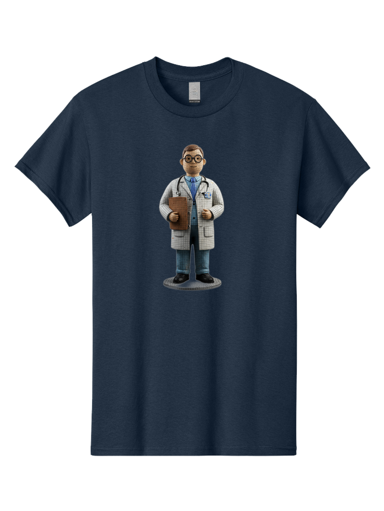 Doctor-Figurine Men'S Graphic Tee, 100% Cotton, Comfortable Casual Summer Wear, Machine Washable, Doctor Figurine, Male Physician, Medical Professional, Stethoscope Around Neck, Clipboard In Hand, White Checkered Lab Coat, Blue Shirt, Jeans, Baa473