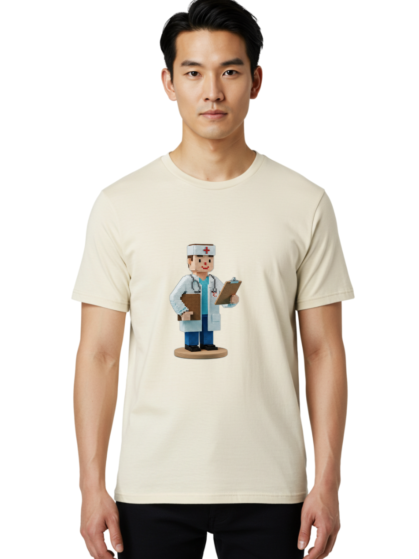 Doctor-Pixel-Art Men'S Graphic Tee, 100% Cotton, Comfortable Casual Summer Wear, Machine Washable, Pixel Art Doctor, Medical Professional, Healthcare Worker, White Coat, Stethoscope, Clipboard, Medical Records, Healthcare Services, Baa475