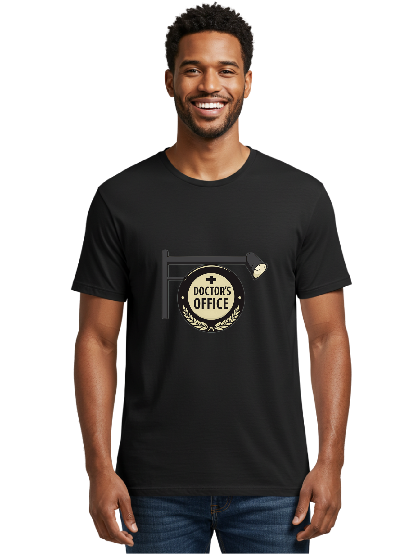 Doctor-S-Office-4 Men'S Graphic Tee, 100% Cotton, Comfortable Casual Summer Wear, Machine Washable, Doctor'S Office Sign, Hanging Sign, Medical Cross, White Laurel Wreath, Black Metal Pole, Spotlight, Medical Office, Healthcare, Baa479