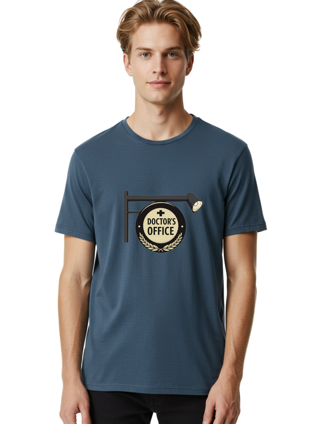 Doctor-S-Office-4 Men'S Graphic Tee, 100% Cotton, Comfortable Casual Summer Wear, Machine Washable, Doctor'S Office Sign, Hanging Sign, Medical Cross, White Laurel Wreath, Black Metal Pole, Spotlight, Medical Office, Healthcare, Baa479