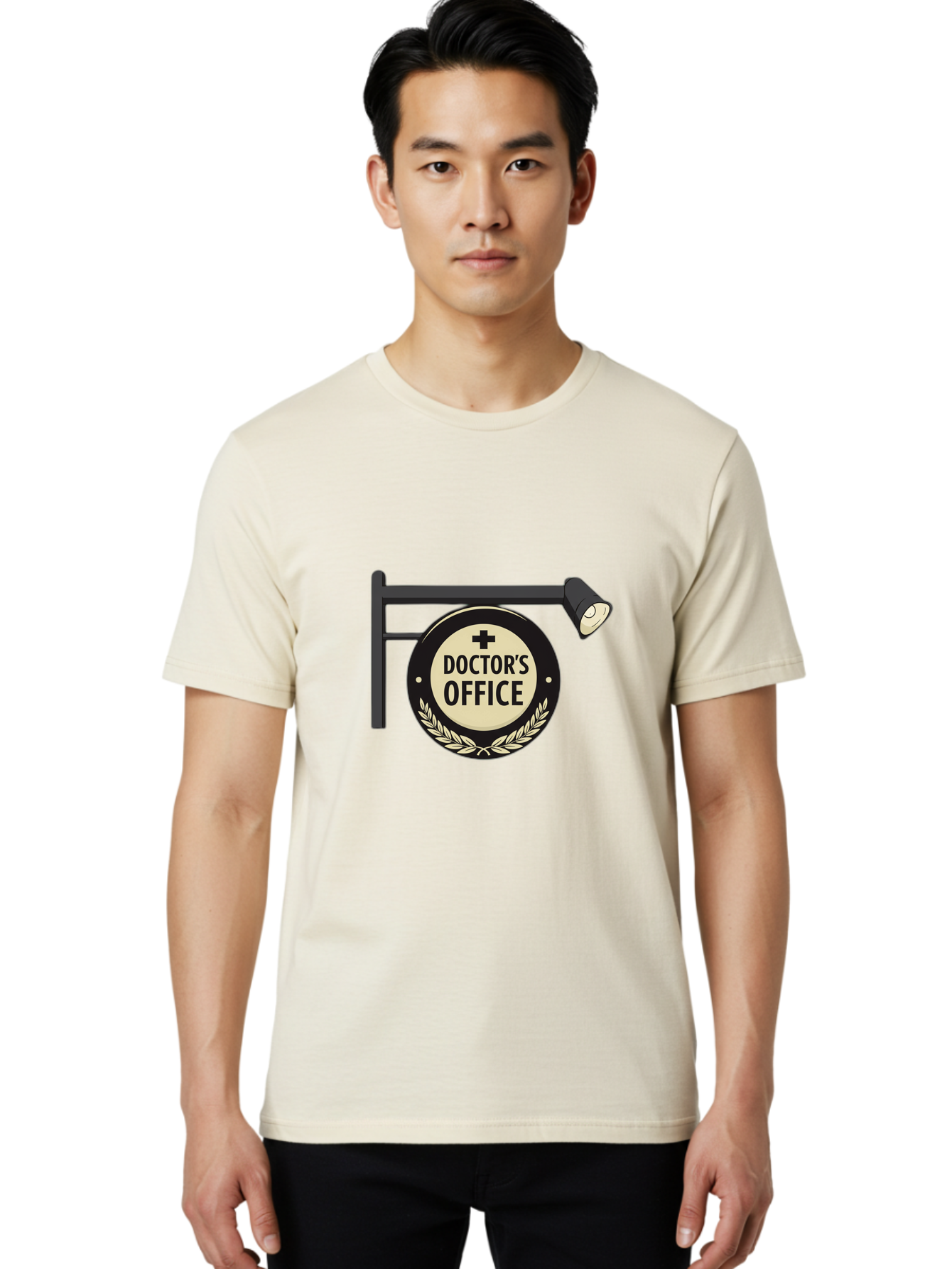 Doctor-S-Office-4 Men'S Graphic Tee, 100% Cotton, Comfortable Casual Summer Wear, Machine Washable, Doctor'S Office Sign, Hanging Sign, Medical Cross, White Laurel Wreath, Black Metal Pole, Spotlight, Medical Office, Healthcare, Baa479