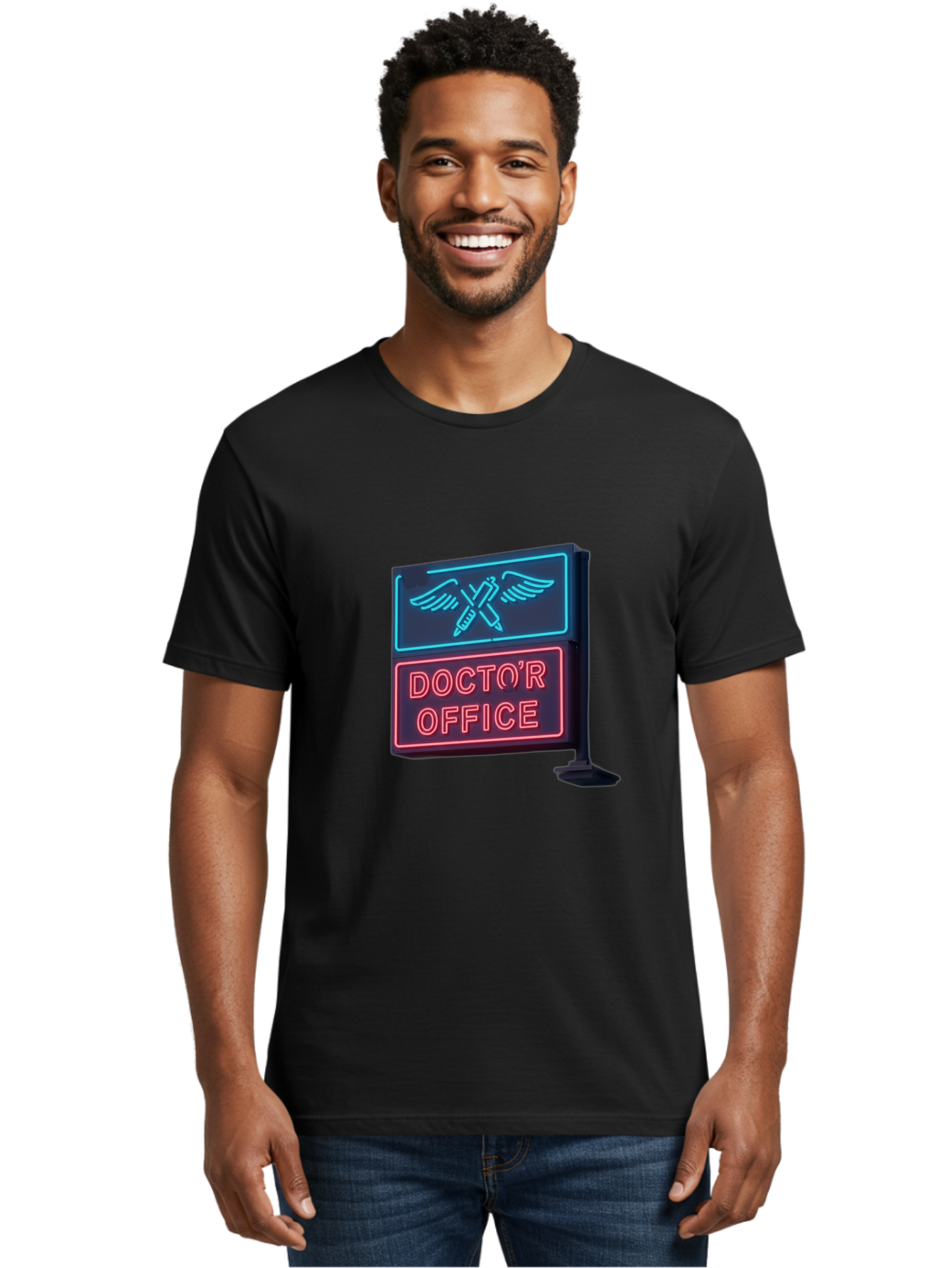 Doctor-S-Office-Neon-Sign Men'S Graphic Tee, 100% Cotton, Comfortable Casual Summer Wear, Machine Washable, Neon Sign, Doctor'S Office Sign, Medical Symbol, Crossed Syringes, Winged Design, Clinic Signage, Medical Office Decor, Baa481