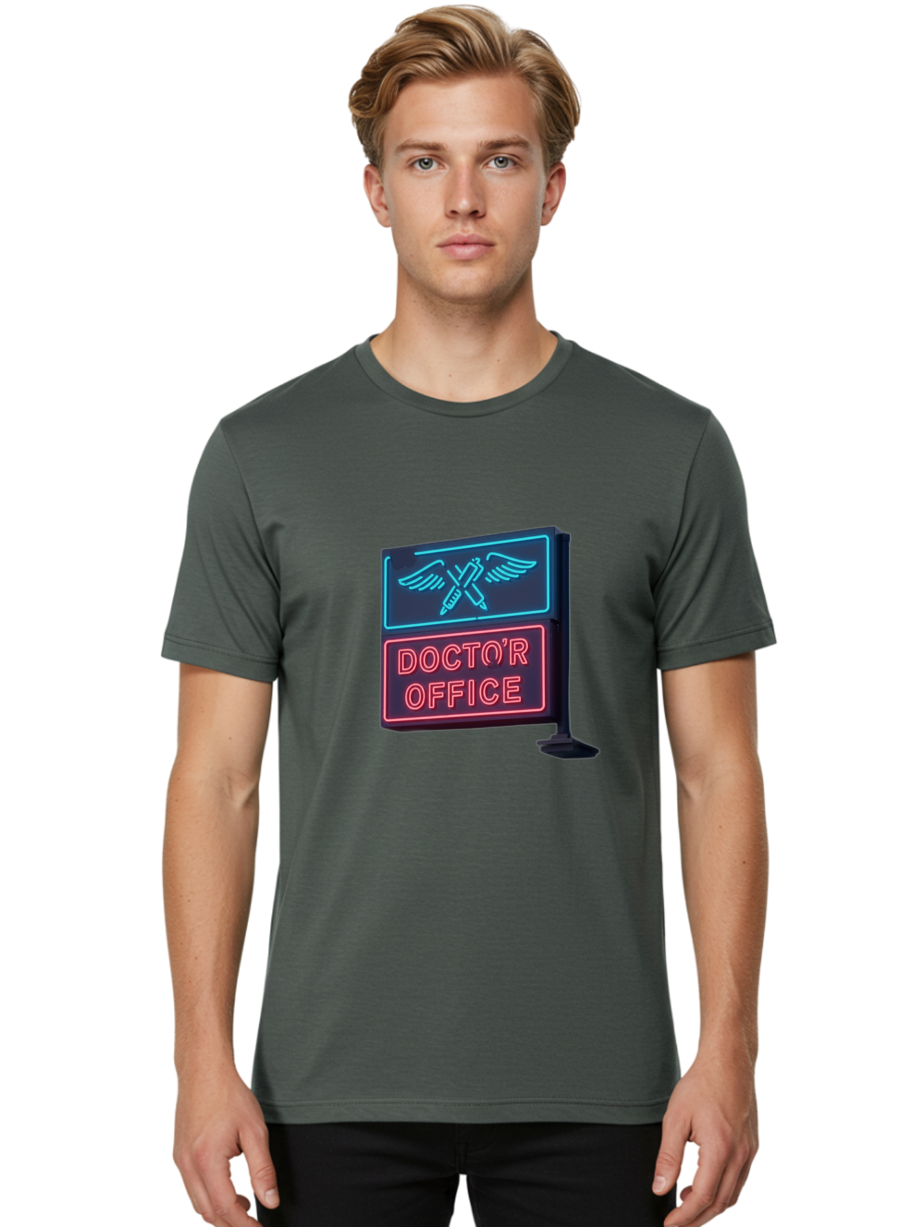 Doctor-S-Office-Neon-Sign Men'S Graphic Tee, 100% Cotton, Comfortable Casual Summer Wear, Machine Washable, Neon Sign, Doctor'S Office Sign, Medical Symbol, Crossed Syringes, Winged Design, Clinic Signage, Medical Office Decor, Baa481