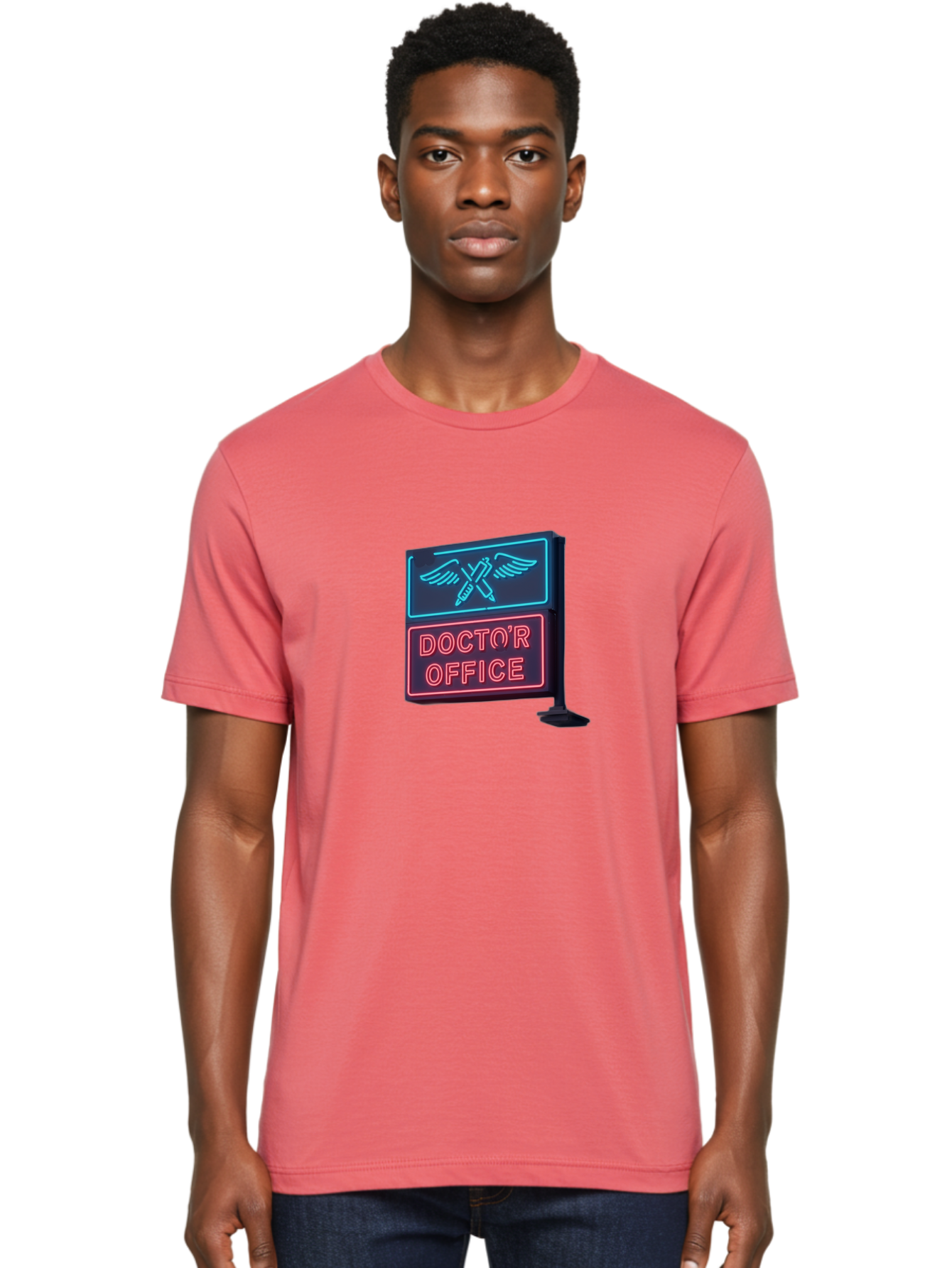 Doctor-S-Office-Neon-Sign Men'S Graphic Tee, 100% Cotton, Comfortable Casual Summer Wear, Machine Washable, Neon Sign, Doctor'S Office Sign, Medical Symbol, Crossed Syringes, Winged Design, Clinic Signage, Medical Office Decor, Baa481