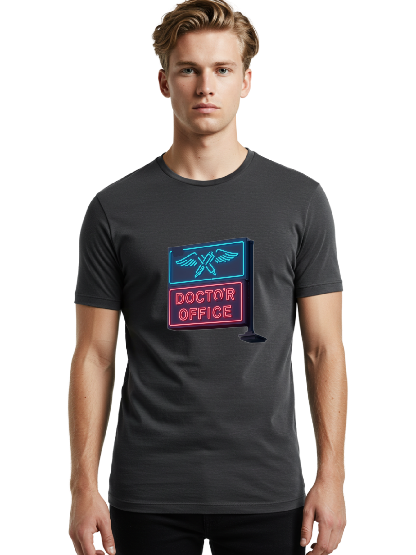 Doctor-S-Office-Neon-Sign Men'S Graphic Tee, 100% Cotton, Comfortable Casual Summer Wear, Machine Washable, Neon Sign, Doctor'S Office Sign, Medical Symbol, Crossed Syringes, Winged Design, Clinic Signage, Medical Office Decor, Baa481