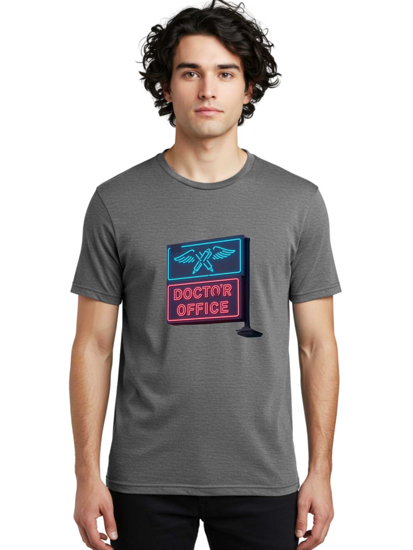 Doctor-S-Office-Neon-Sign Men'S Graphic Tee, 100% Cotton, Comfortable Casual Summer Wear, Machine Washable, Neon Sign, Doctor'S Office Sign, Medical Symbol, Crossed Syringes, Winged Design, Clinic Signage, Medical Office Decor, Baa481