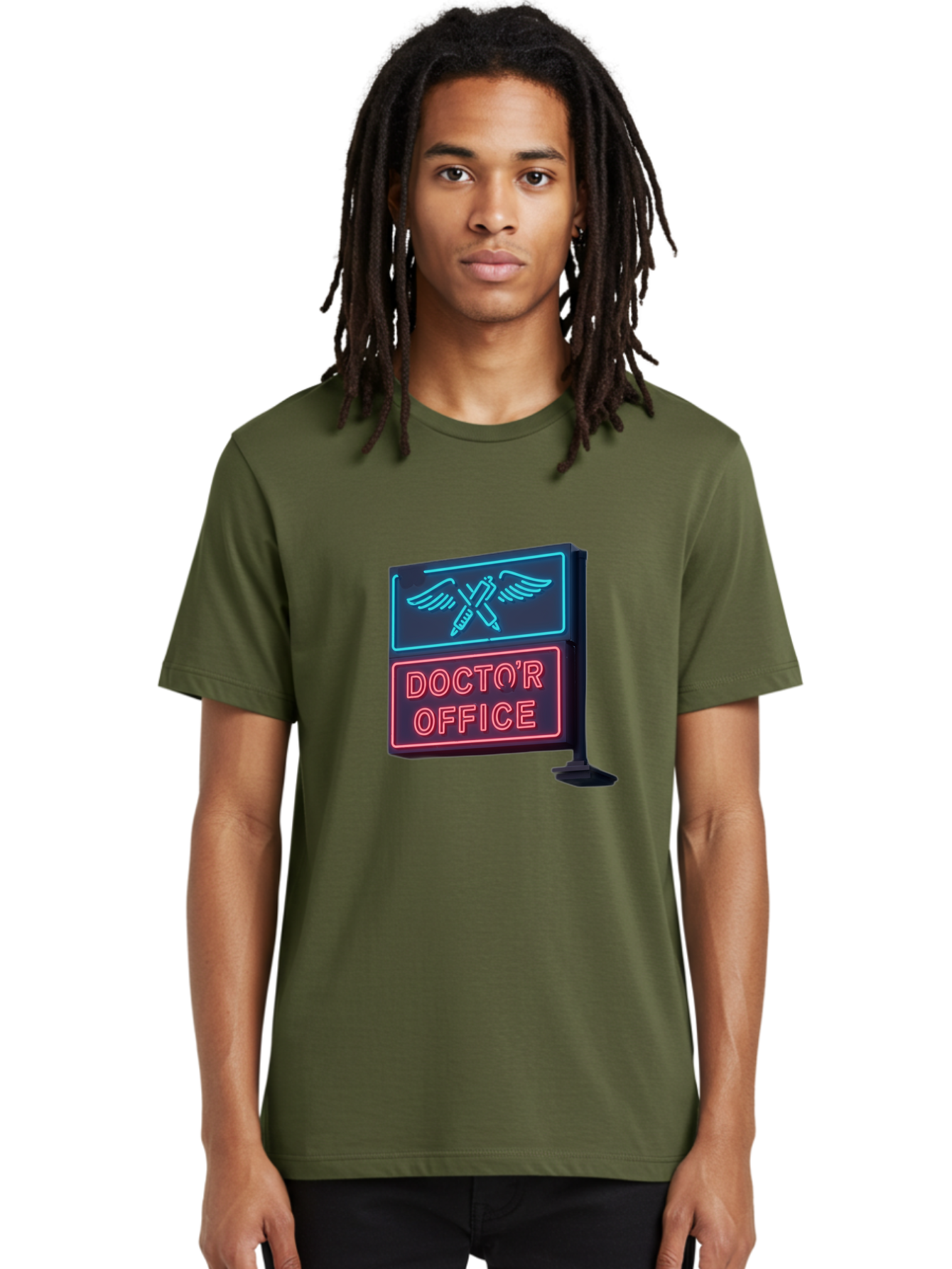 Doctor-S-Office-Neon-Sign Men'S Graphic Tee, 100% Cotton, Comfortable Casual Summer Wear, Machine Washable, Neon Sign, Doctor'S Office Sign, Medical Symbol, Crossed Syringes, Winged Design, Clinic Signage, Medical Office Decor, Baa481