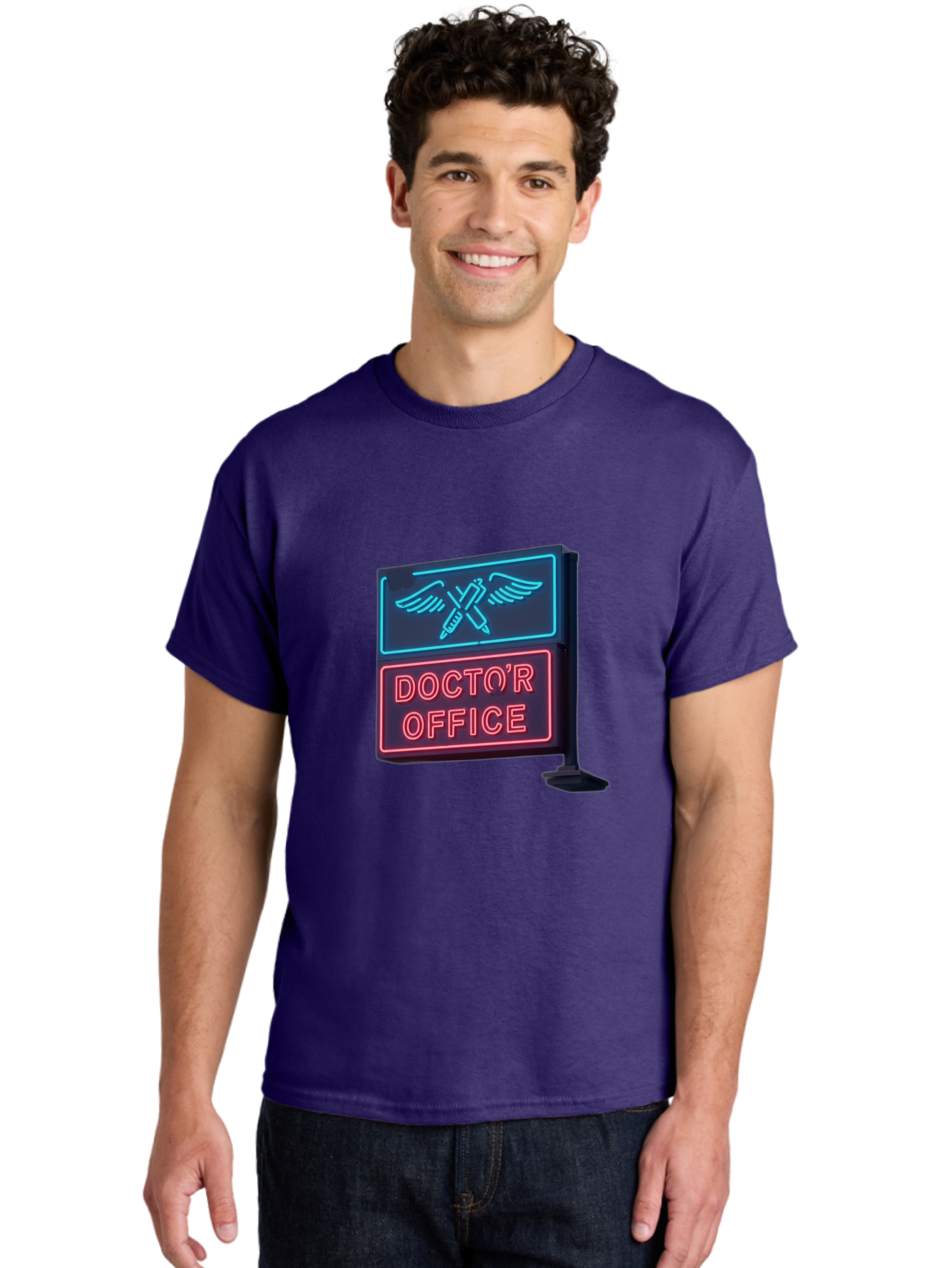 Doctor-S-Office-Neon-Sign Men'S Graphic Tee, 100% Cotton, Comfortable Casual Summer Wear, Machine Washable, Neon Sign, Doctor'S Office Sign, Medical Symbol, Crossed Syringes, Winged Design, Clinic Signage, Medical Office Decor, Baa481