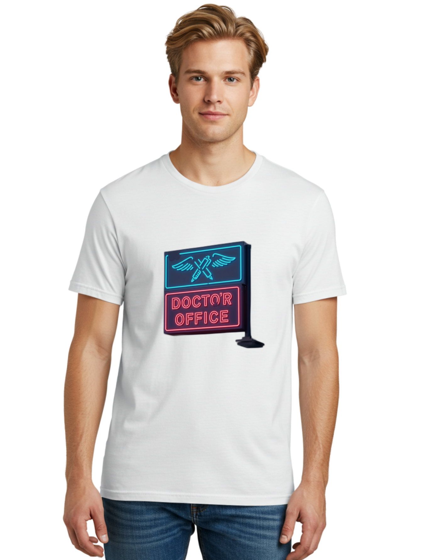Doctor-S-Office-Neon-Sign Men'S Graphic Tee, 100% Cotton, Comfortable Casual Summer Wear, Machine Washable, Neon Sign, Doctor'S Office Sign, Medical Symbol, Crossed Syringes, Winged Design, Clinic Signage, Medical Office Decor, Baa481