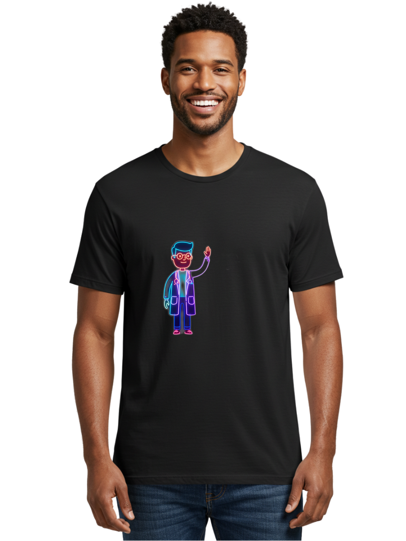 Doctor-Wave Men'S Graphic Tee, 100% Cotton, Comfortable Casual Summer Wear, Machine Washable, Cartoon Doctor, Medical Professional, Waving Gesture, Stethoscope, White Coat, Friendly Demeanor, Healthcare Worker, Medical Illustration, Baa483