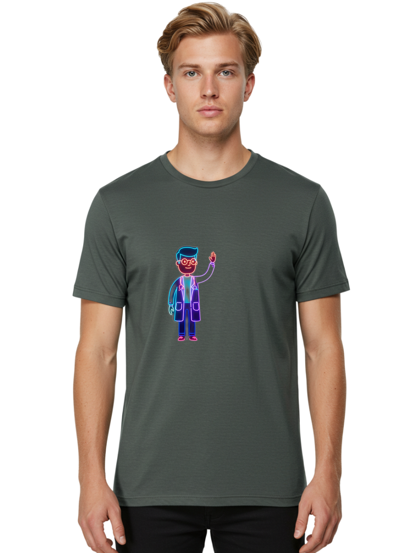 Doctor-Wave Men'S Graphic Tee, 100% Cotton, Comfortable Casual Summer Wear, Machine Washable, Cartoon Doctor, Medical Professional, Waving Gesture, Stethoscope, White Coat, Friendly Demeanor, Healthcare Worker, Medical Illustration, Baa483