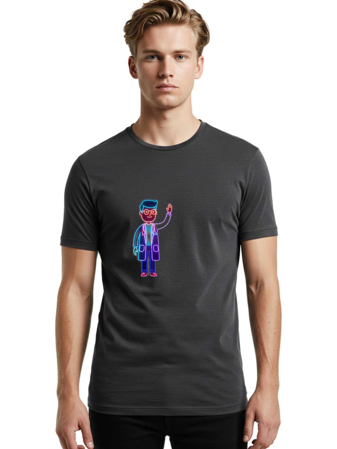 Doctor-Wave Men'S Graphic Tee, 100% Cotton, Comfortable Casual Summer Wear, Machine Washable, Cartoon Doctor, Medical Professional, Waving Gesture, Stethoscope, White Coat, Friendly Demeanor, Healthcare Worker, Medical Illustration, Baa483
