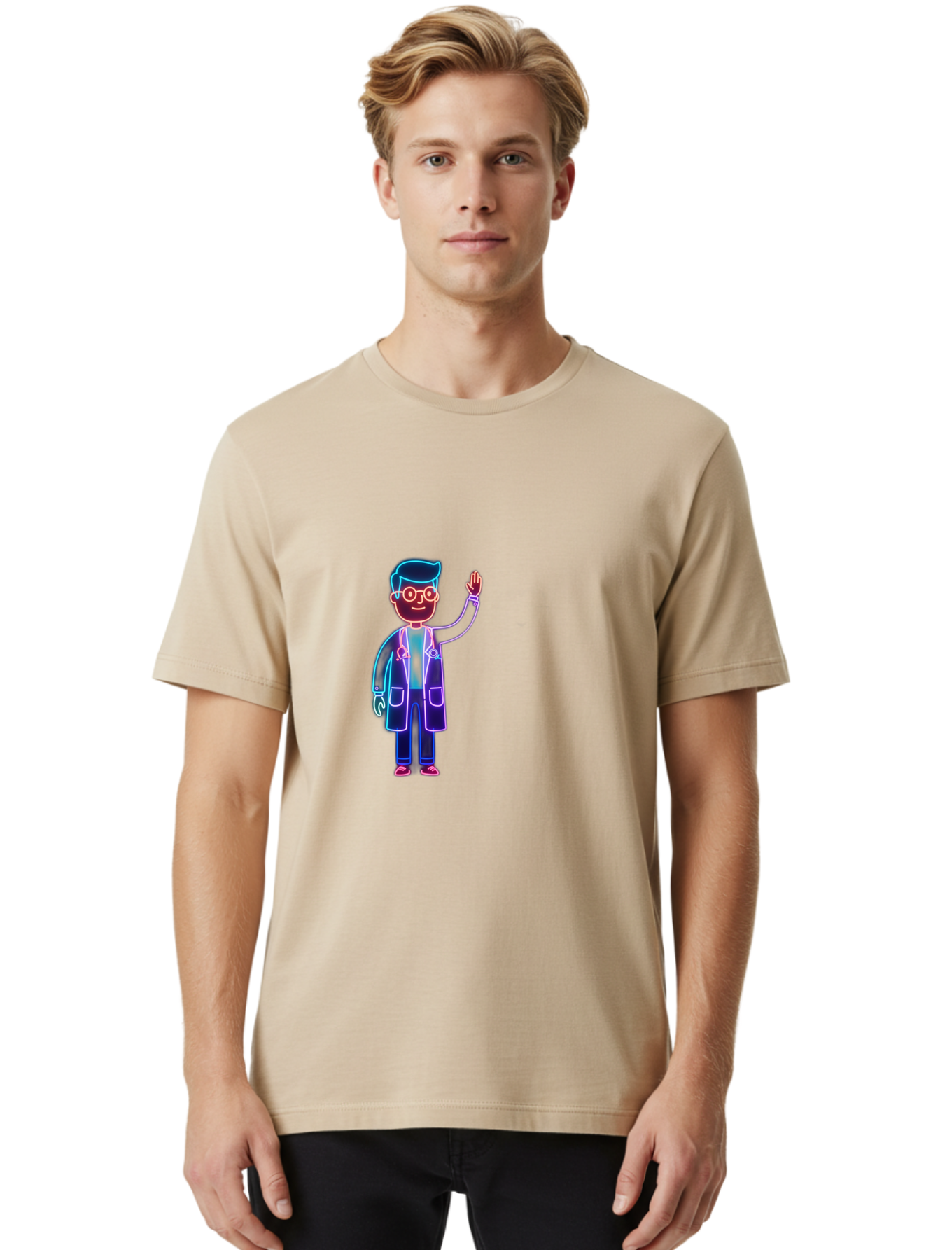 Doctor-Wave Men'S Graphic Tee, 100% Cotton, Comfortable Casual Summer Wear, Machine Washable, Cartoon Doctor, Medical Professional, Waving Gesture, Stethoscope, White Coat, Friendly Demeanor, Healthcare Worker, Medical Illustration, Baa483
