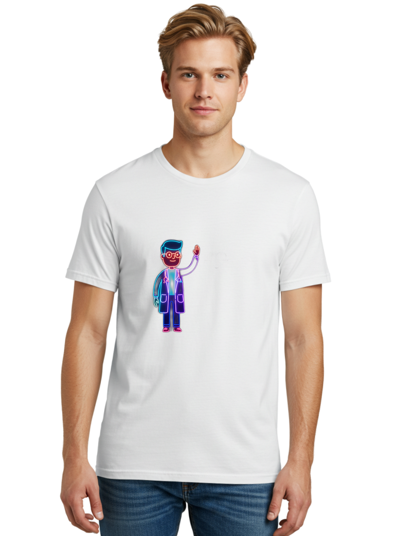 Doctor-Wave Men'S Graphic Tee, 100% Cotton, Comfortable Casual Summer Wear, Machine Washable, Cartoon Doctor, Medical Professional, Waving Gesture, Stethoscope, White Coat, Friendly Demeanor, Healthcare Worker, Medical Illustration, Baa483