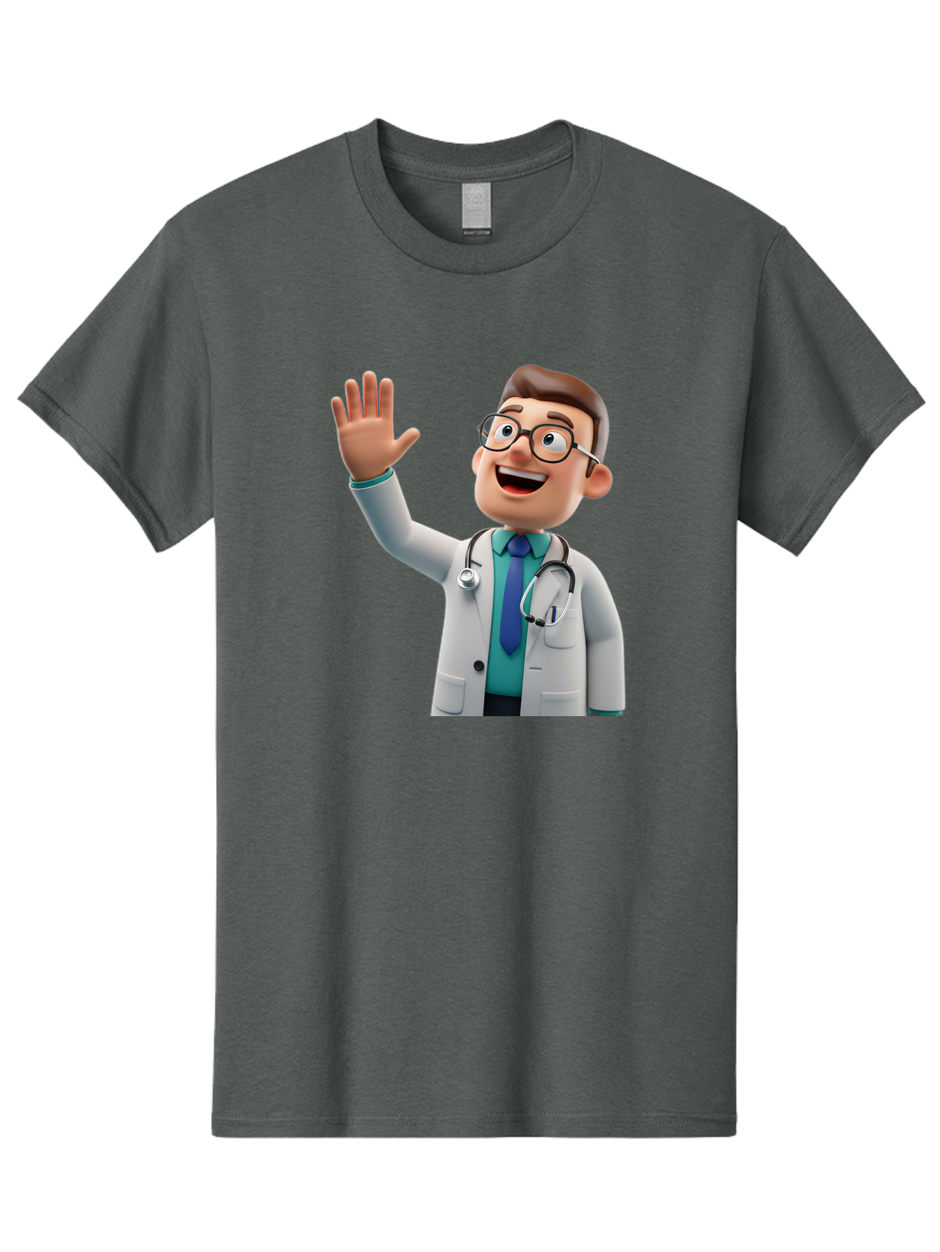 Doctor-Waving-1 Men'S Graphic Tee, 100% Cotton, Comfortable Casual Summer Wear, Machine Washable, Cartoon Doctor, Waving Hand, Friendly Gesture, Medical Professional, Stethoscope Around Neck, White Lab Coat, Blue Tie, Smiling Face, Baa484